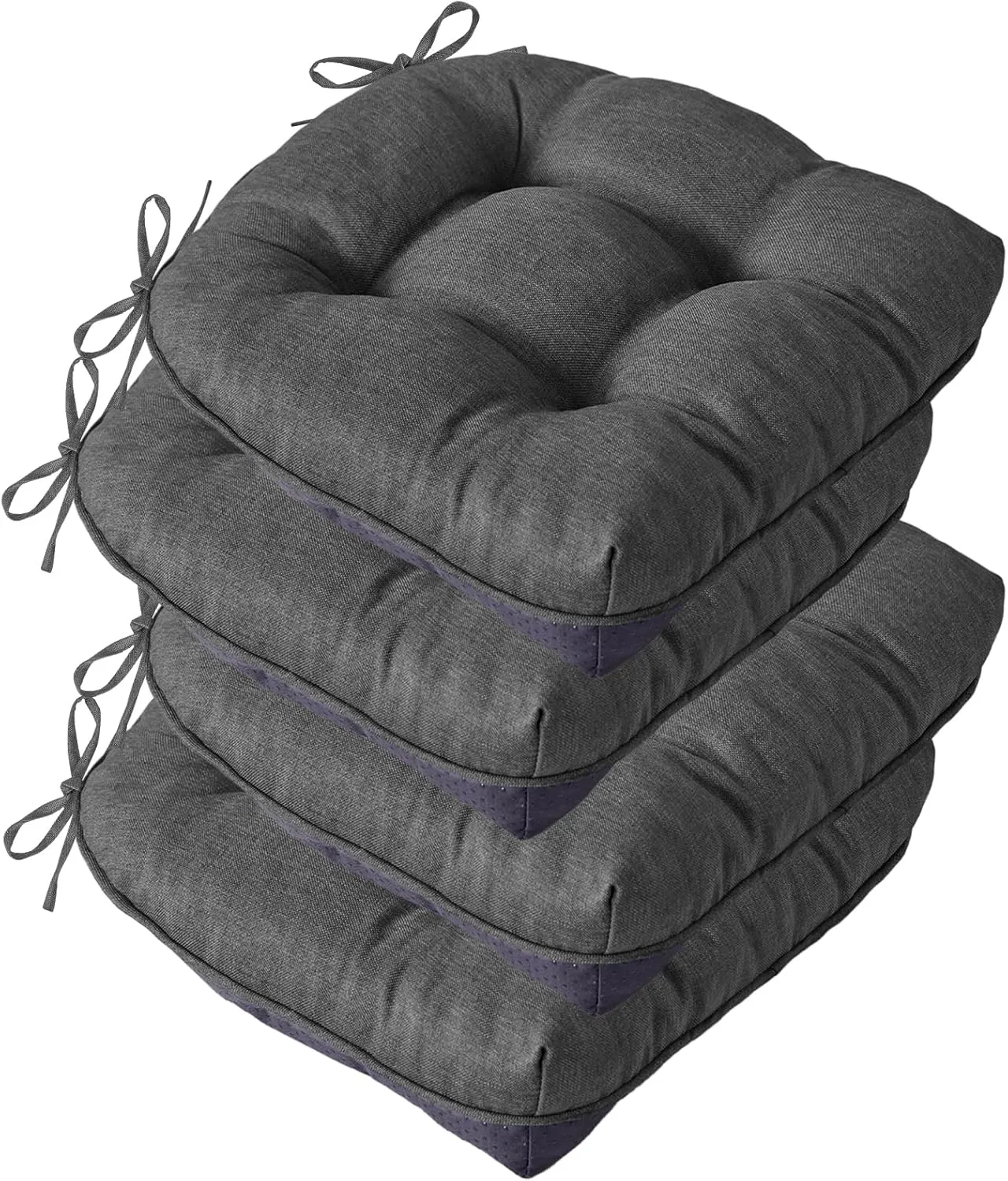 Chair Cushions for Dining Chairs, Seat Cushions for Kitchen Chairs, Indoor Seat Cushions with Ties, Tufted Foam Chair Pads, Non Slip Chair Cushions Set of 4, 15.5" x 15.5" x 4", Dark Grey