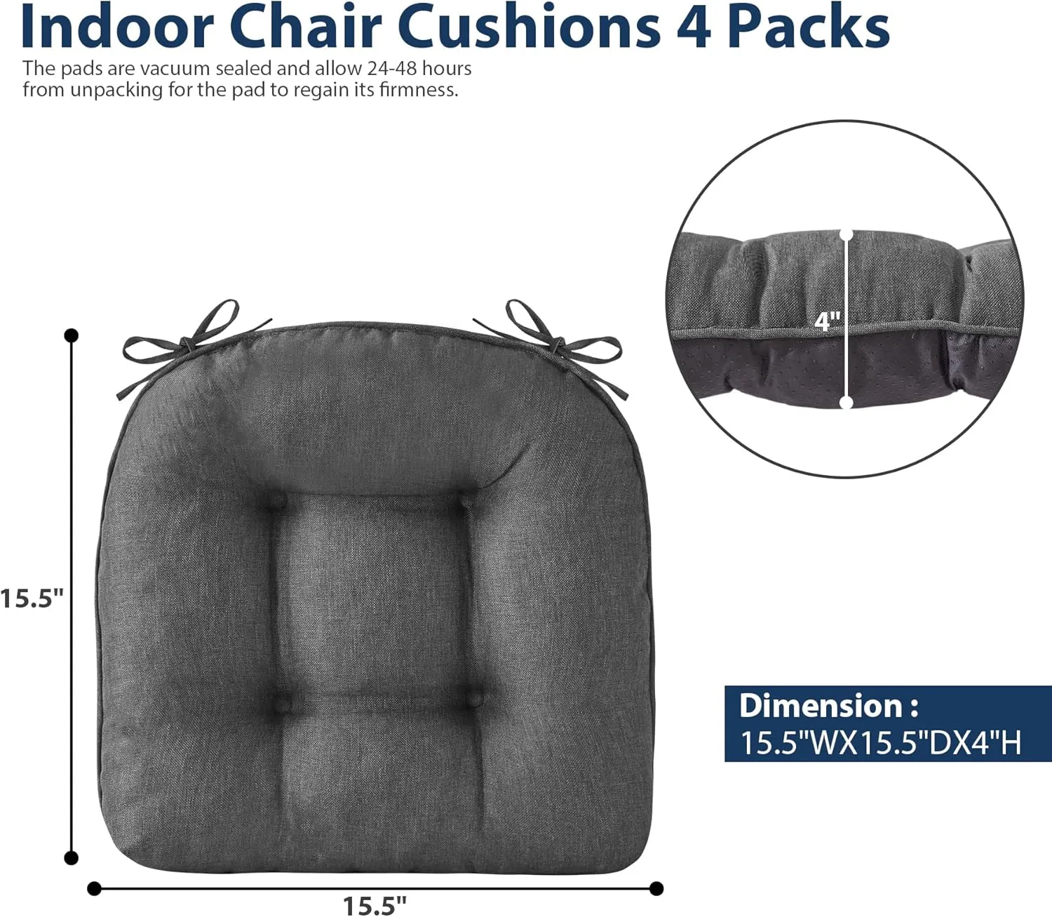 Chair Cushions for Dining Chairs, Seat Cushions for Kitchen Chairs, Indoor Seat Cushions with Ties, Tufted Foam Chair Pads, Non Slip Chair Cushions Set of 4, 15.5" x 15.5" x 4", Dark Grey