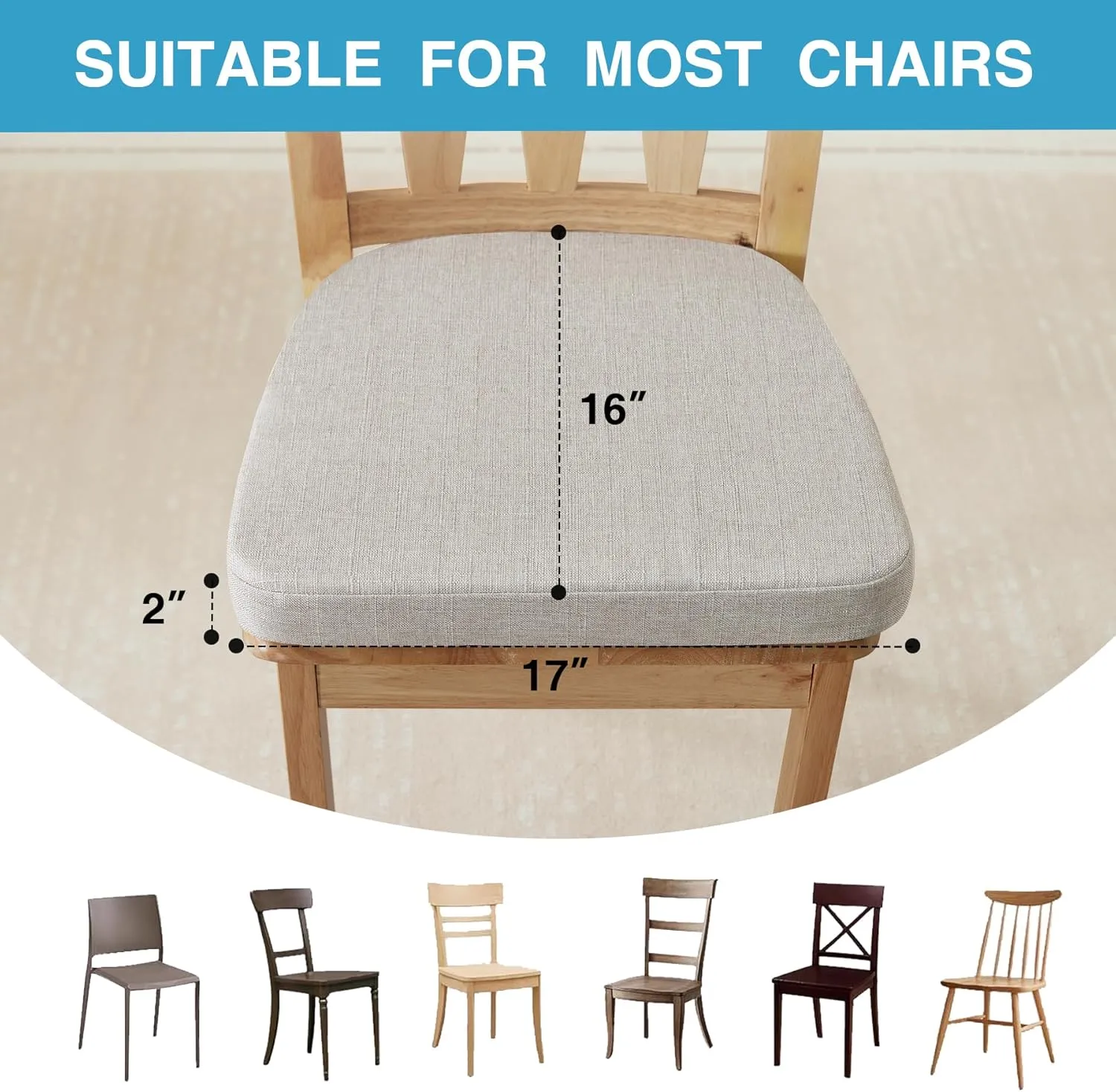 Chair Cushions for Dining Chairs Set of 4, Non Slip Kitchen Chair Pads, 17" x 16" x 2", Indoor Dining Chair Cushions with Ties, Seat Cushion for Kitchen Chairs, Chair Pads, Beige