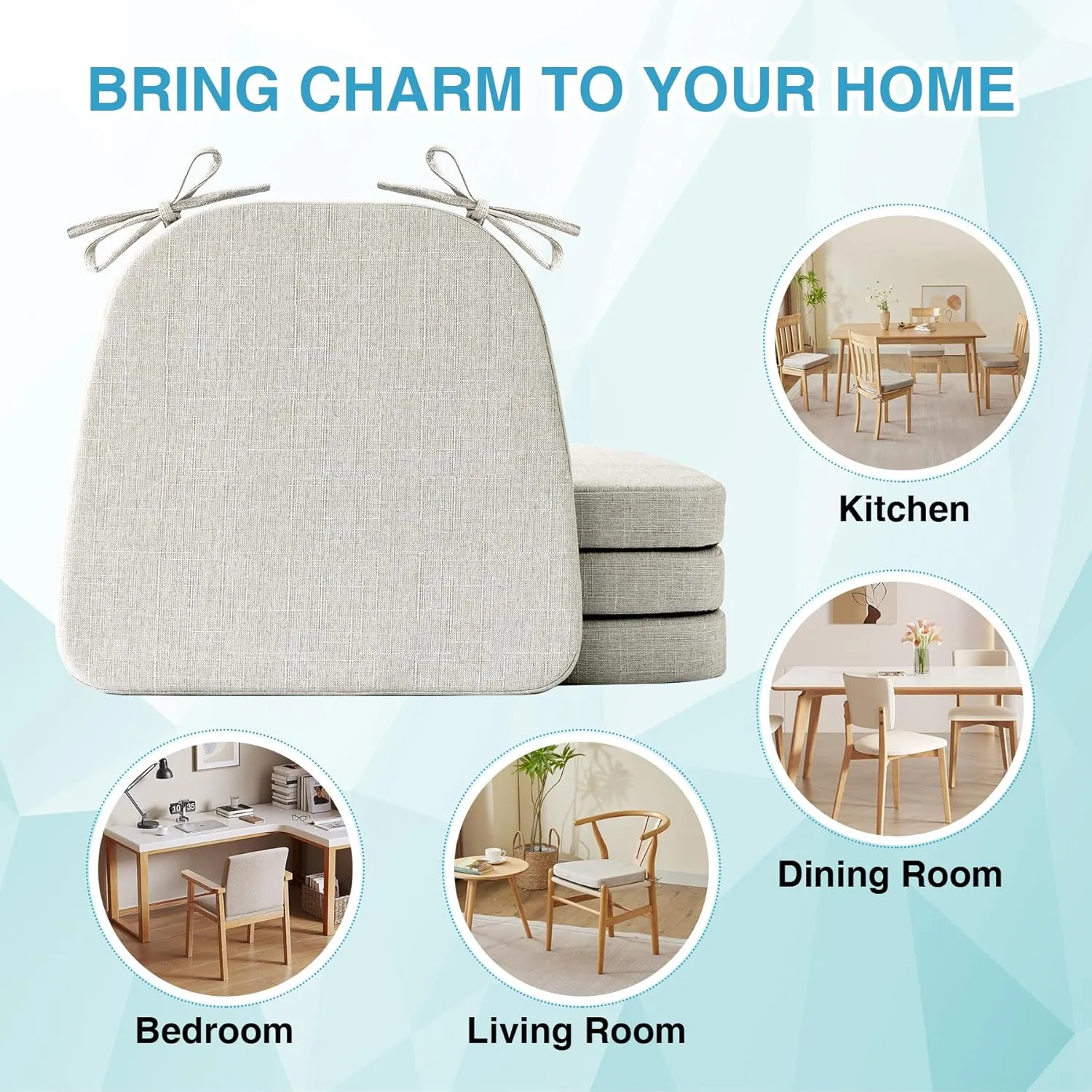 Chair Cushions for Dining Chairs Set of 4, Non Slip Kitchen Chair Pads, 17" x 16" x 2", Indoor Dining Chair Cushions with Ties, Seat Cushion for Kitchen Chairs, Chair Pads, Beige