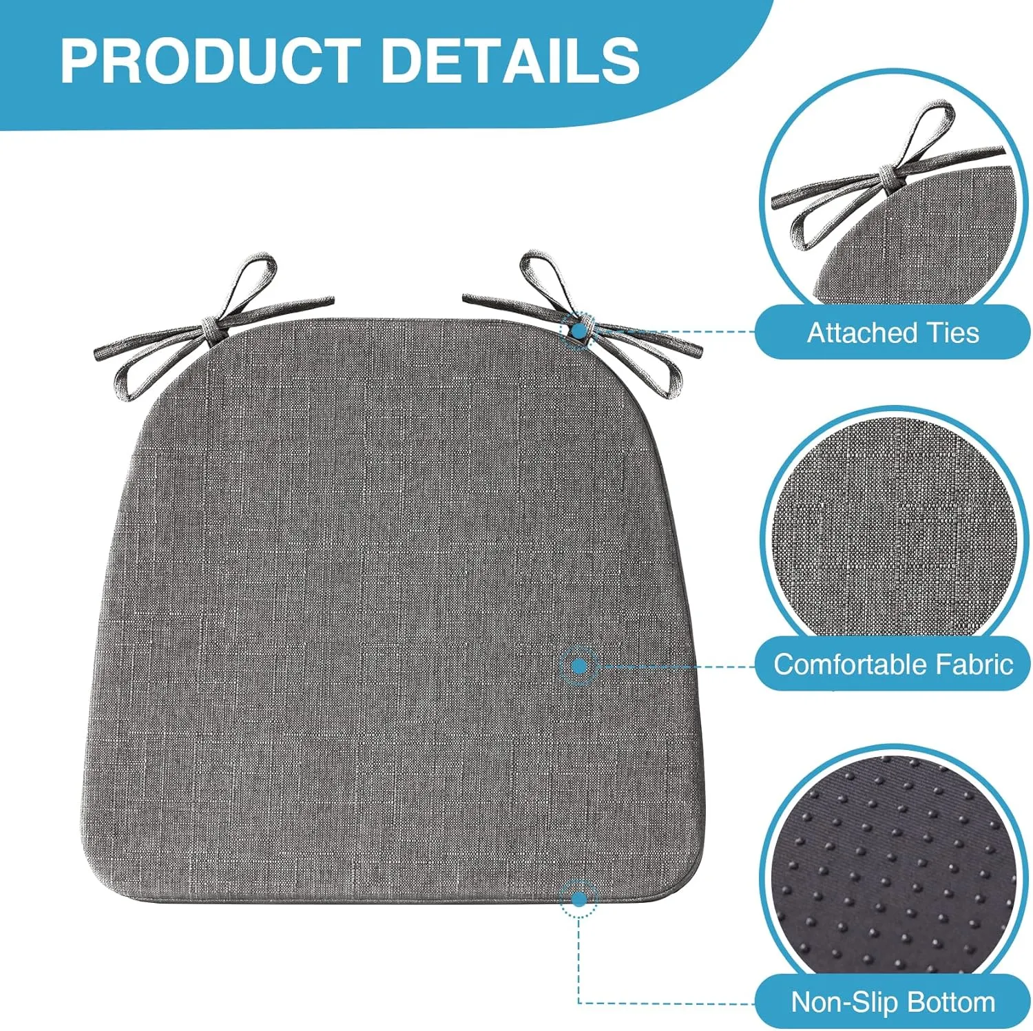 Chair Cushions for Dining Chairs Set of 4, Non Slip Kitchen Chair Pads, 17" x 16" x 2", Indoor Dining Chair Cushions with Ties, Seat Cushion for Kitchen Chairs, Chair Pads, Dark Grey