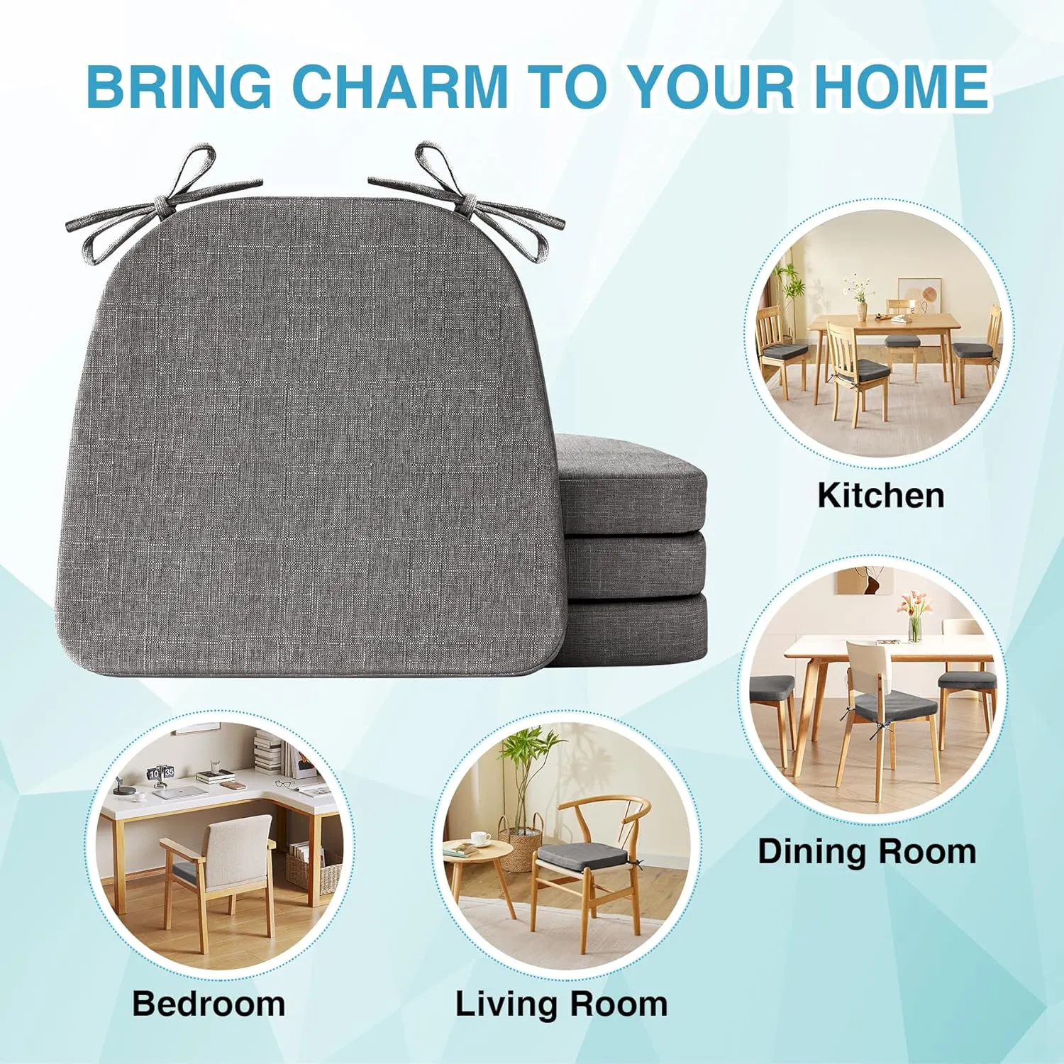 Chair Cushions for Dining Chairs Set of 4, Non Slip Kitchen Chair Pads, 17" x 16" x 2", Indoor Dining Chair Cushions with Ties, Seat Cushion for Kitchen Chairs, Chair Pads, Dark Grey