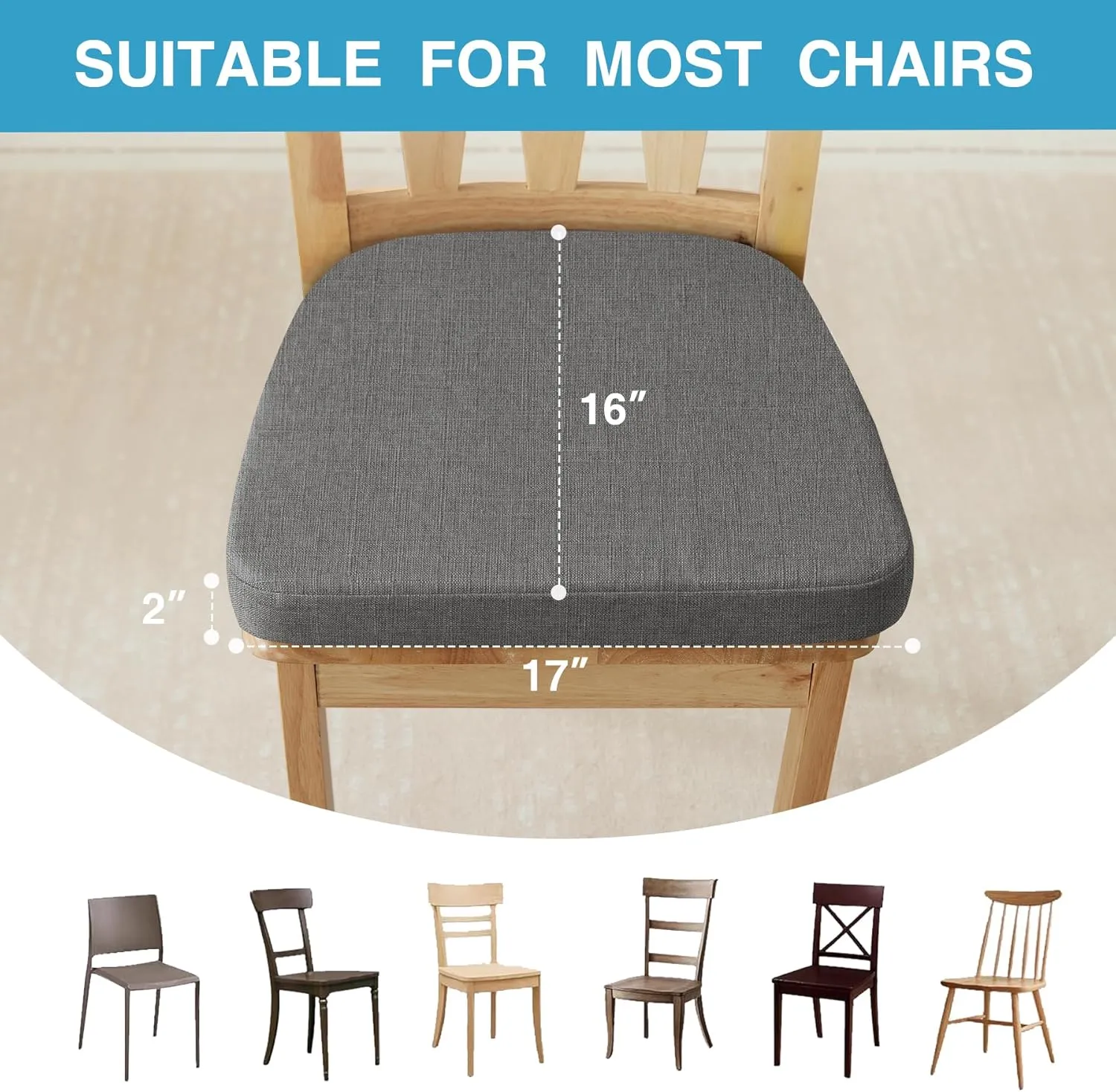 Chair Cushions for Dining Chairs Set of 4, Non Slip Kitchen Chair Pads, 17" x 16" x 2", Indoor Dining Chair Cushions with Ties, Seat Cushion for Kitchen Chairs, Chair Pads, Dark Grey