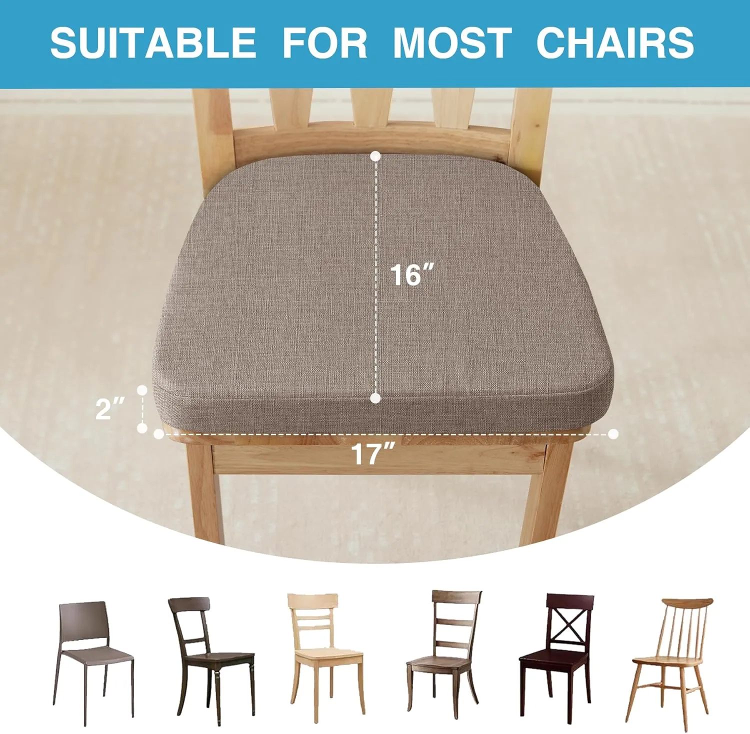 Chair Cushions for Dining Chairs Set of 4, Non Slip Kitchen Chair Pads, 17" x 16" x 2", Indoor Dining Chair Cushions with Ties, Seat Cushion for Kitchen Chairs, Chair Pads, Light Brown
