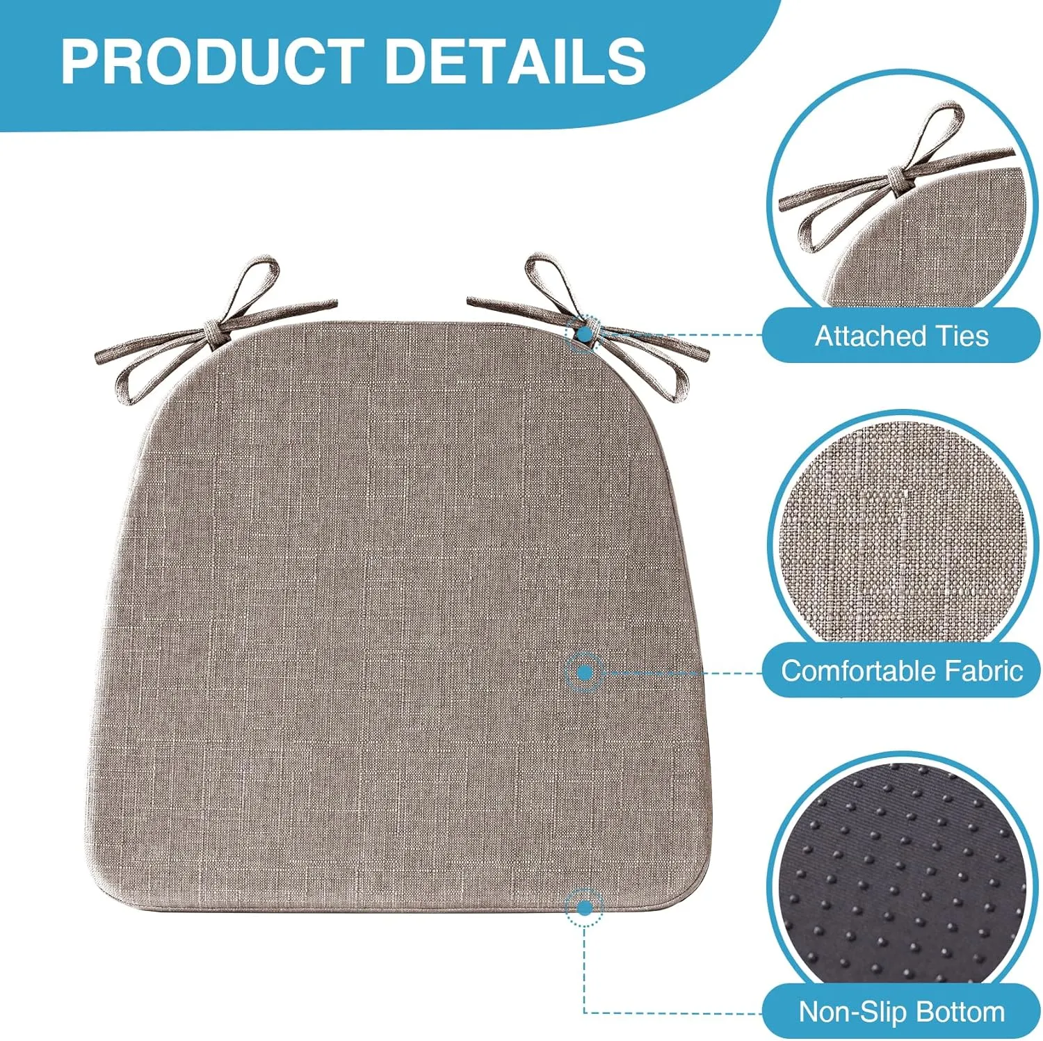 Chair Cushions for Dining Chairs Set of 4, Non Slip Kitchen Chair Pads, 17" x 16" x 2", Indoor Dining Chair Cushions with Ties, Seat Cushion for Kitchen Chairs, Chair Pads, Light Brown