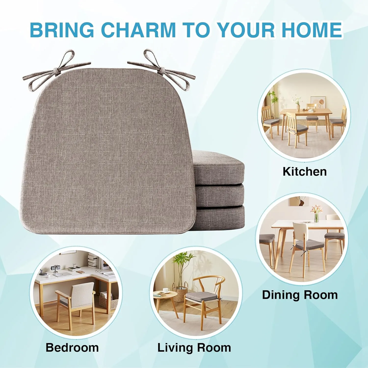 Chair Cushions for Dining Chairs Set of 4, Non Slip Kitchen Chair Pads, 17" x 16" x 2", Indoor Dining Chair Cushions with Ties, Seat Cushion for Kitchen Chairs, Chair Pads, Light Brown