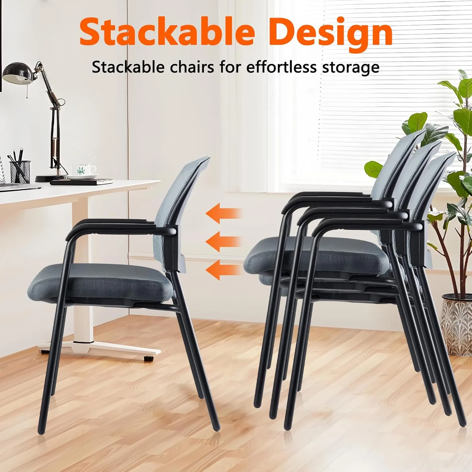 CLATINA Grey Stacking Chairs Stackable Waiting Room Chairs with Armrest, Mesh Office Reception Guest Chair for Home Desk Conference Lobby Church Medical Meeting Training Ergonomic, Set of 8