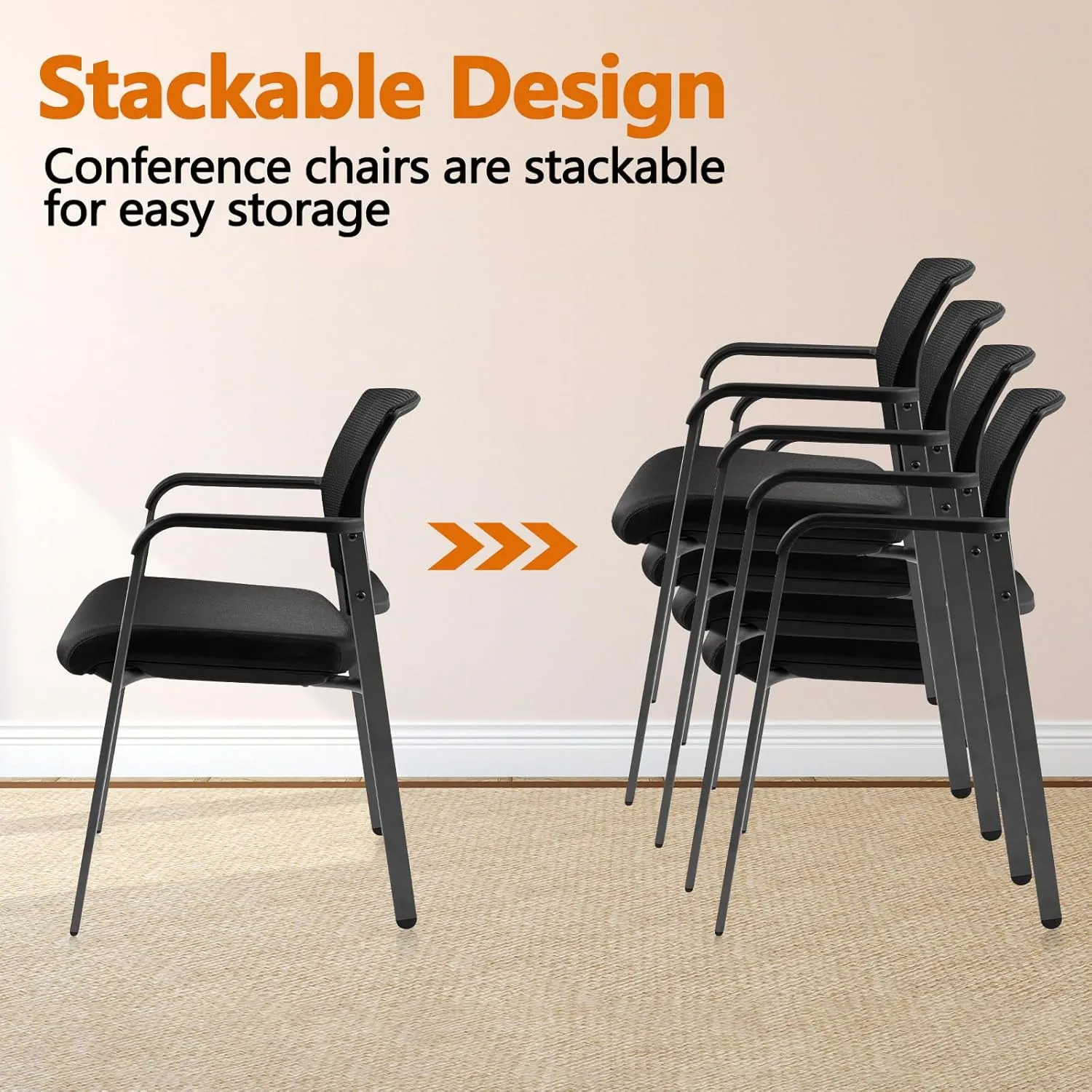 CLATINA Mesh Back Stacking Arm Chairs with Upholstered Fabric Seat and Ergonomic Lumber Support for Office School Church Guest Reception Black 4 Pack Set New Version