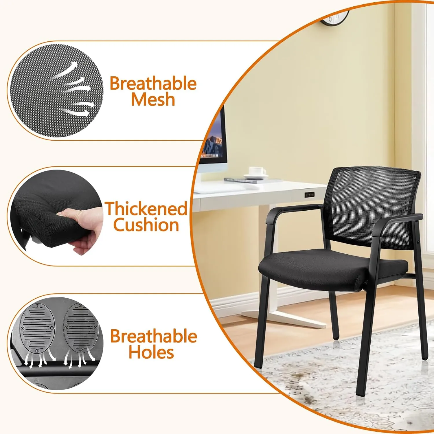 CLATINA Mesh Back Stacking Arm Chairs with Upholstered Fabric Seat and Ergonomic Lumber Support for Office School Church Guest Reception Black 4 Pack Set New Version