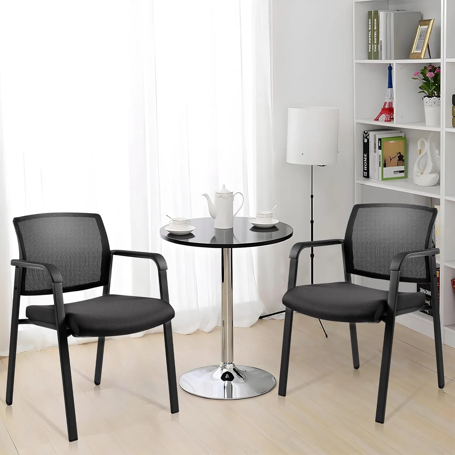 CLATINA Mesh Back Stacking Arm Chairs with Upholstered Fabric Seat and Ergonomic Lumber Support for Office School Church Guest Reception Black 4 Pack Set New Version