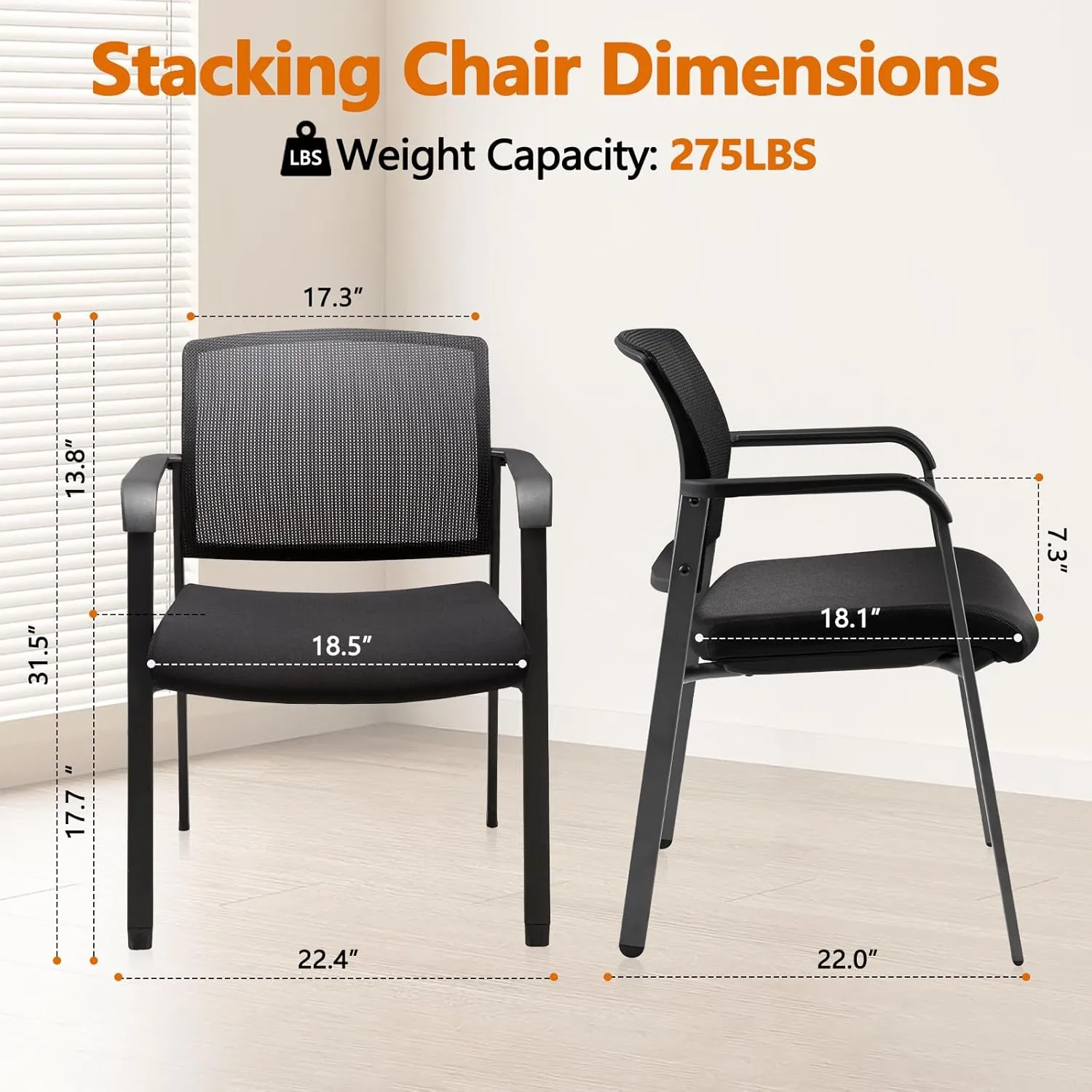 CLATINA Mesh Back Stacking Arm Chairs with Upholstered Fabric Seat and Ergonomic Lumber Support for Office School Church Guest Reception Black 4 Pack Set New Version