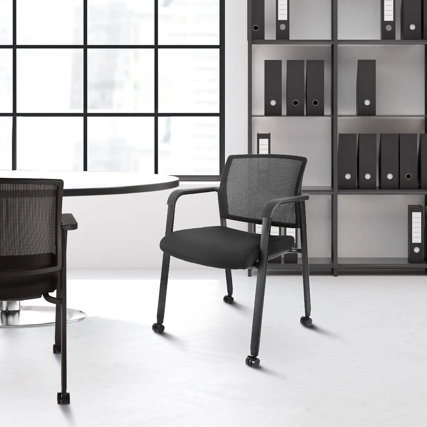 CLATINA Rolling Conference Room Chairs Set of 8, Stackable Office Guest Reception Chair with Armrests and Wheels, Mesh Back Waiting Room Stools for Office, School, Lobby, Church, Black