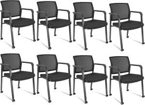 CLATINA Rolling Conference Room Chairs Set of 8, Stackable Office Guest Reception Chair with Armrests and Wheels, Mesh Back Waiting Room Stools for Office, School, Lobby, Church, Black
