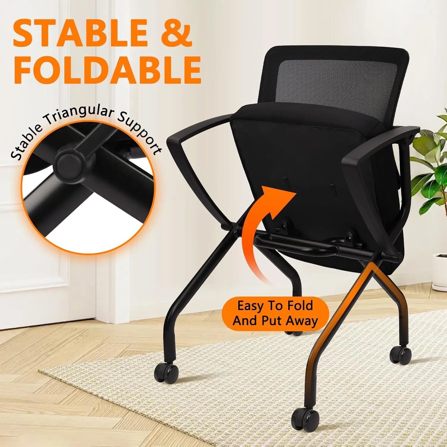 CLATINA Stackable Foldable Ergonomic Office Chair with Lumbar Support and Thick Cushion, Folding Mesh Fabric Reception Guest Chair with Arms & Wheels for Training Room, Guest, Reception, Black (4 pk)