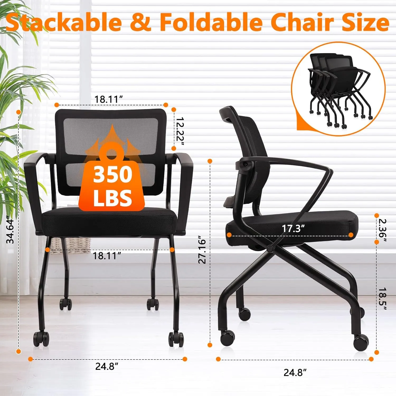 CLATINA Stackable Foldable Ergonomic Office Chair with Lumbar Support and Thick Cushion, Folding Mesh Fabric Reception Guest Chair with Arms & Wheels for Training Room, Guest, Reception, Black (4 pk)