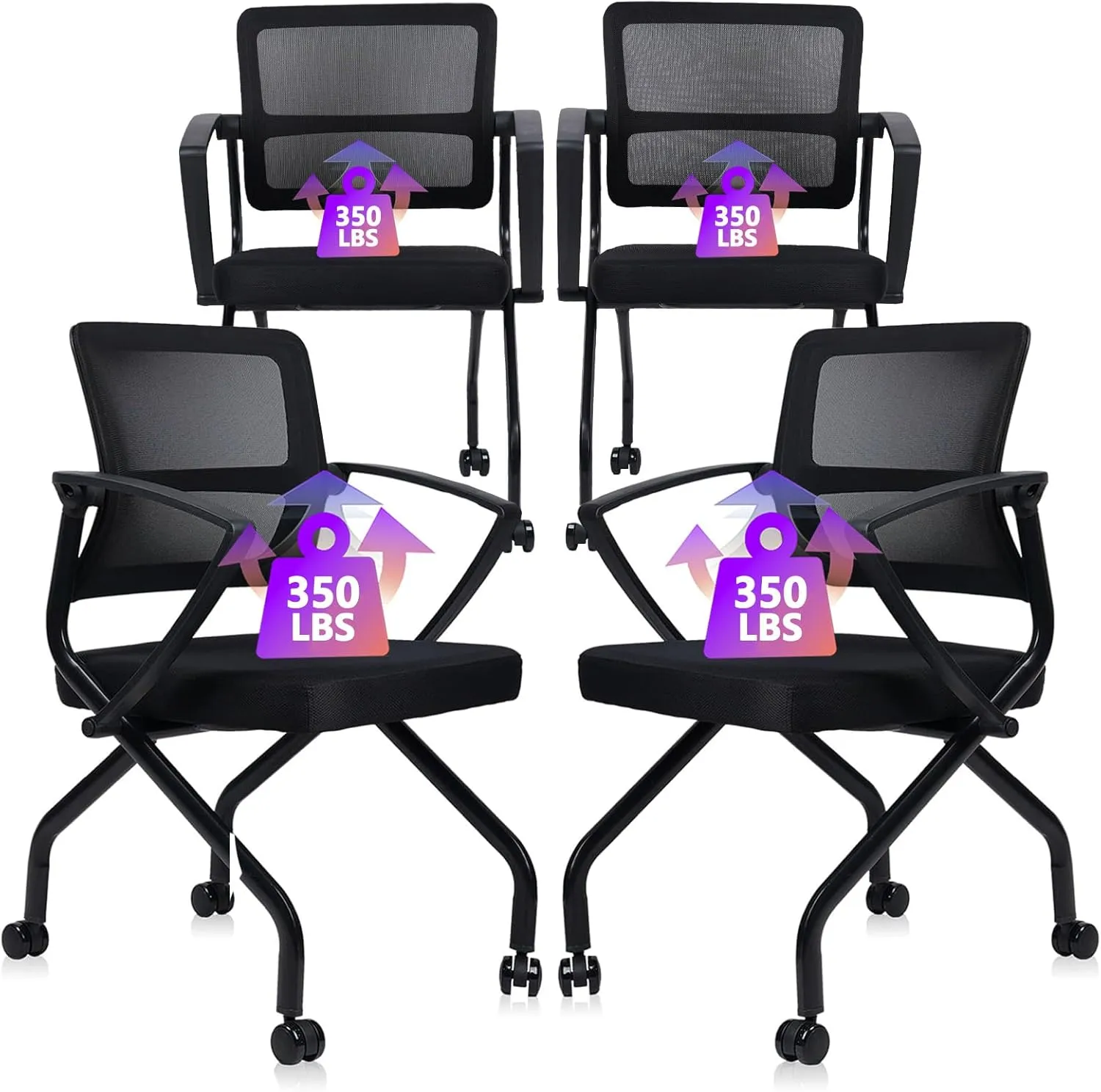 CLATINA Stackable Foldable Ergonomic Office Chair with Lumbar Support and Thick Cushion, Folding Mesh Fabric Reception Guest Chair with Arms & Wheels for Training Room, Guest, Reception, Black (4 pk)