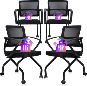 CLATINA Stackable Foldable Ergonomic Office Chair with Lumbar Support and Thick Cushion, Folding Mesh Fabric Reception Guest Chair with Arms & Wheels for Training Room, Guest, Reception, Black (4 pk)