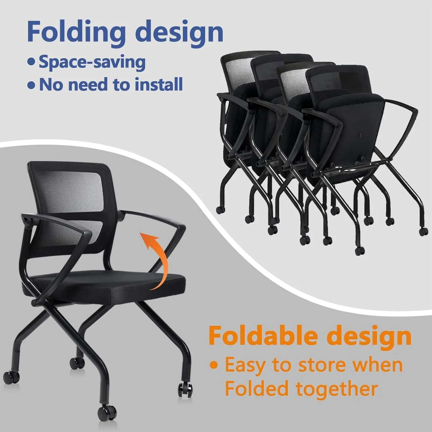 CLATINA Stackable Foldable Ergonomic Office Chair with Lumbar Support and Thick Cushion, Folding Mesh Fabric Reception Guest Chair with Arms & Wheels for Training Room, Guest, Reception, Black (4 pk)