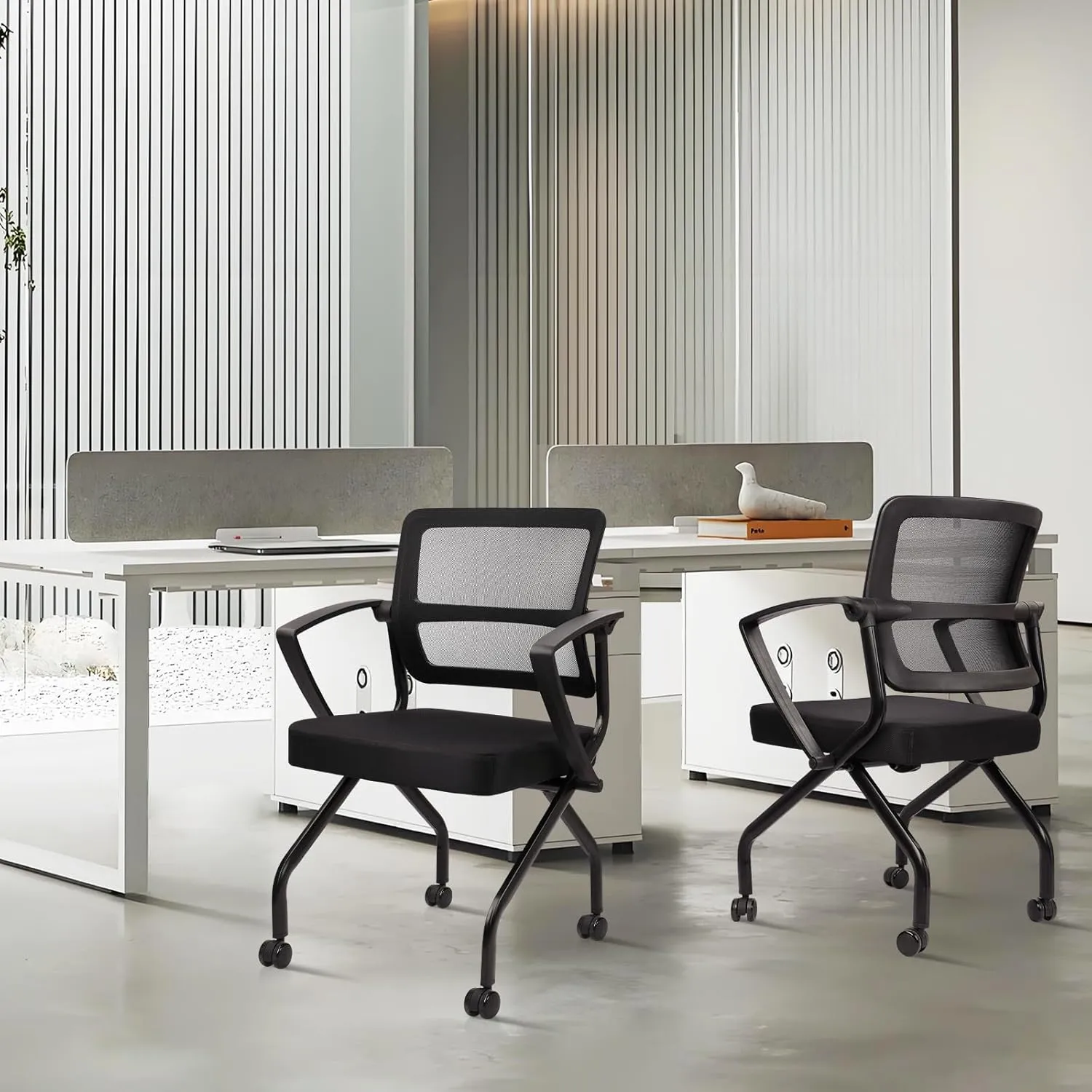CLATINA Stackable Foldable Ergonomic Office Chair with Lumbar Support and Thick Cushion, Folding Mesh Fabric Reception Guest Chair with Arms & Wheels for Training Room, Guest, Reception, Black (4 pk)