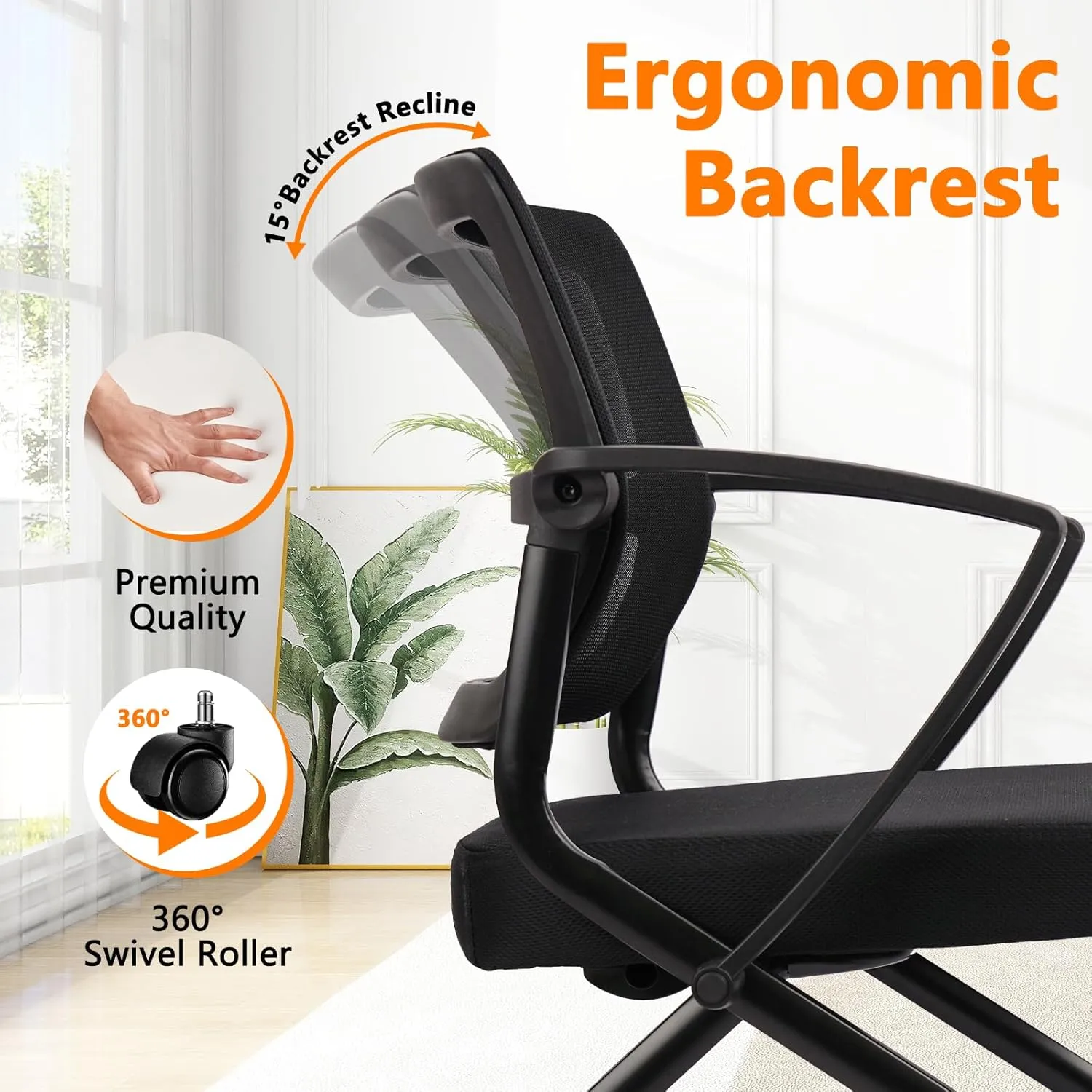 CLATINA Stackable Foldable Ergonomic Office Chair with Lumbar Support and Thick Cushion, Folding Mesh Fabric Reception Guest Chair with Arms & Wheels for Training Room, Guest, Reception, Black (4 pk)