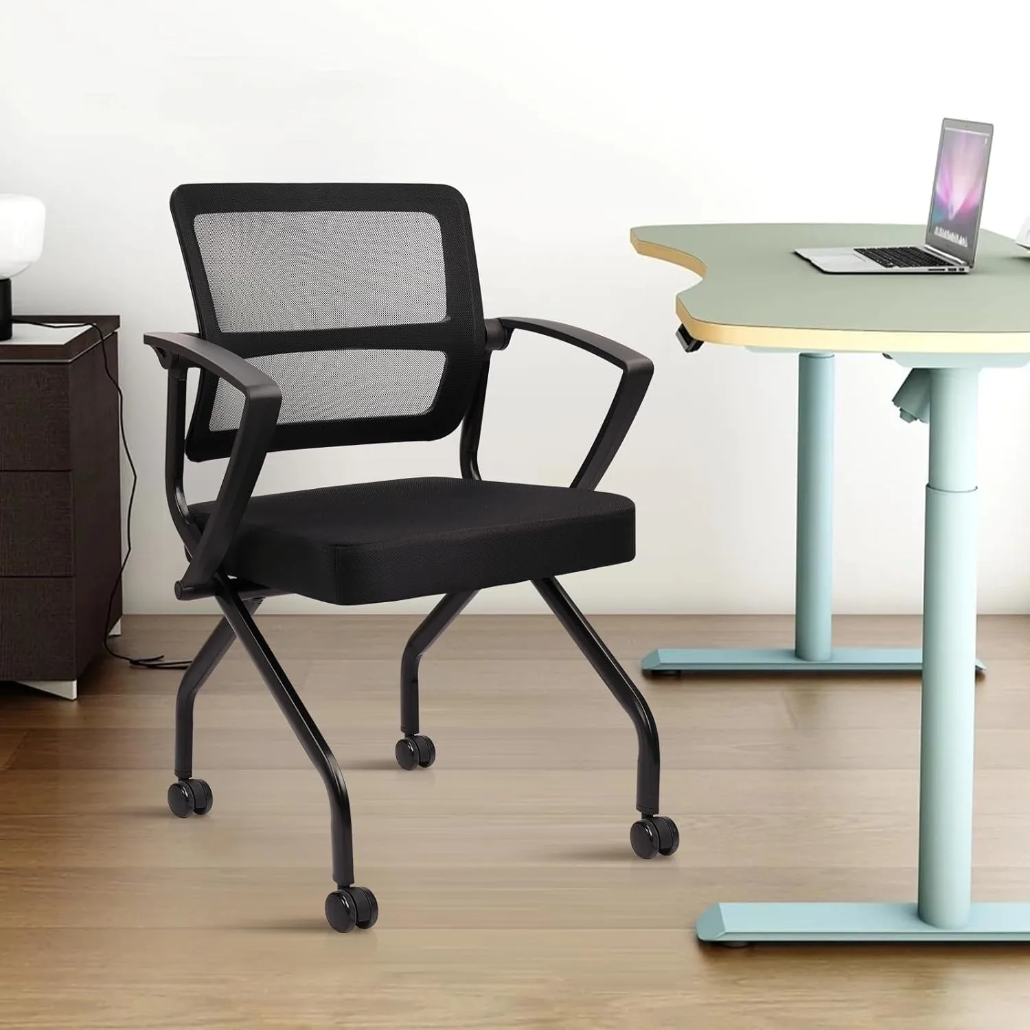 CLATINA Stackable Foldable Ergonomic Office Chair with Lumbar Support and Thick Cushion, Folding Mesh Fabric Reception Guest Chair with Arms & Wheels for Training Room, Guest, Reception, Black (4 pk)