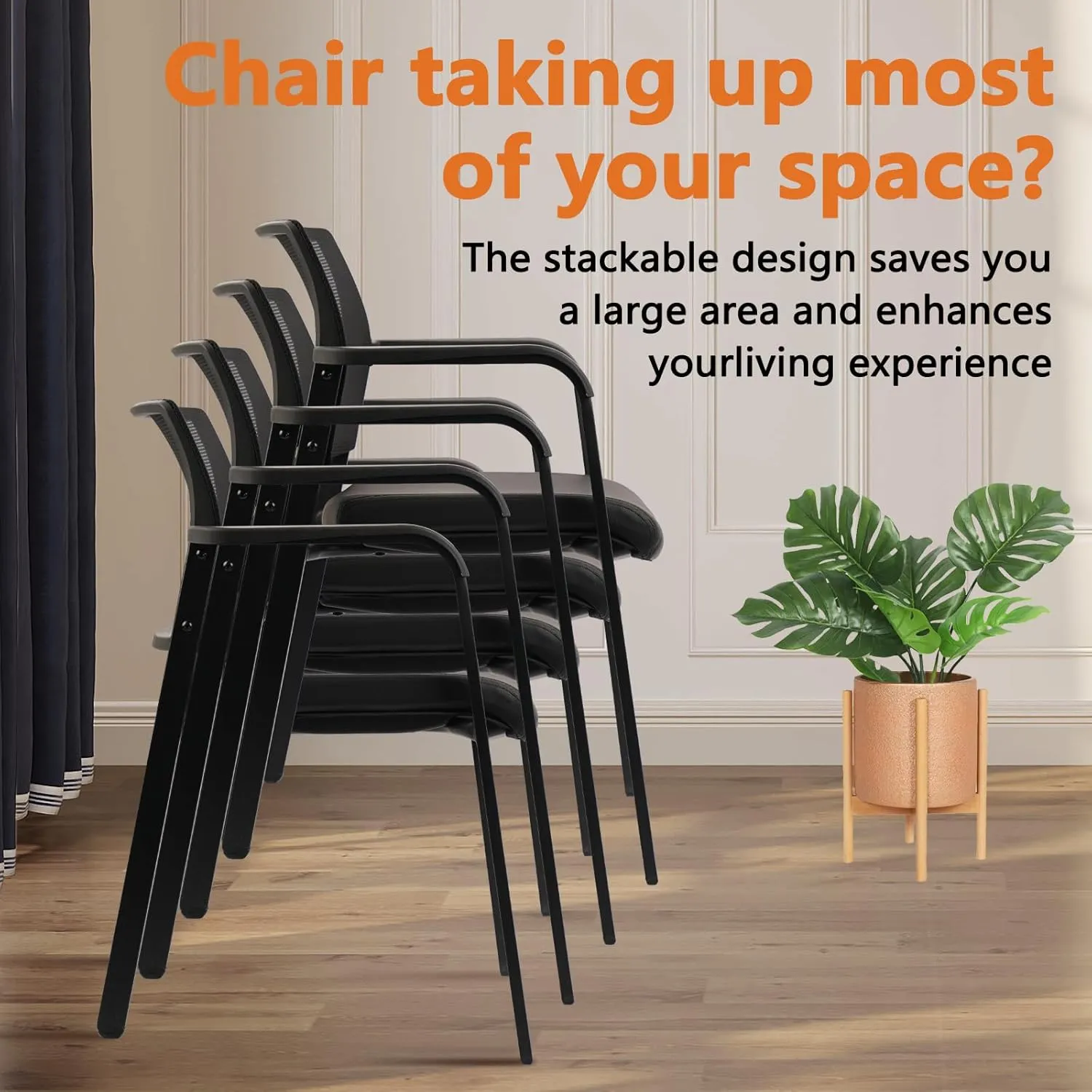CLATINA Stackable Office Chair, Mesh Back Guest Chairs with Comfortable Leather Seat Arms Stacking Ergonomic Desk Chair No Wheels for Conference Waiting Reception School Stationary, Black, Set of 4