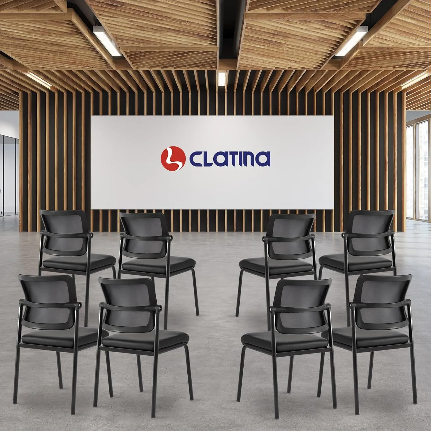 CLATINA Stackable Waiting Room Chair with Adjustable Mesh Backrest, Armless Office Guest Reception Chairs with Leather Cushion and Ergonomic Lumbar Support for Conference Lobby Side School, Black, 4PK