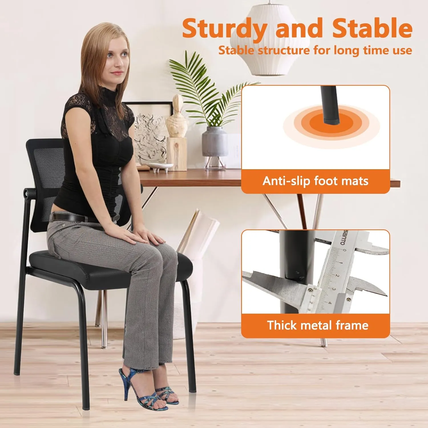 CLATINA Stackable Waiting Room Chair with Adjustable Mesh Backrest, Armless Office Guest Reception Chairs with Leather Cushion and Ergonomic Lumbar Support for Conference Lobby Side School, Black, 4PK
