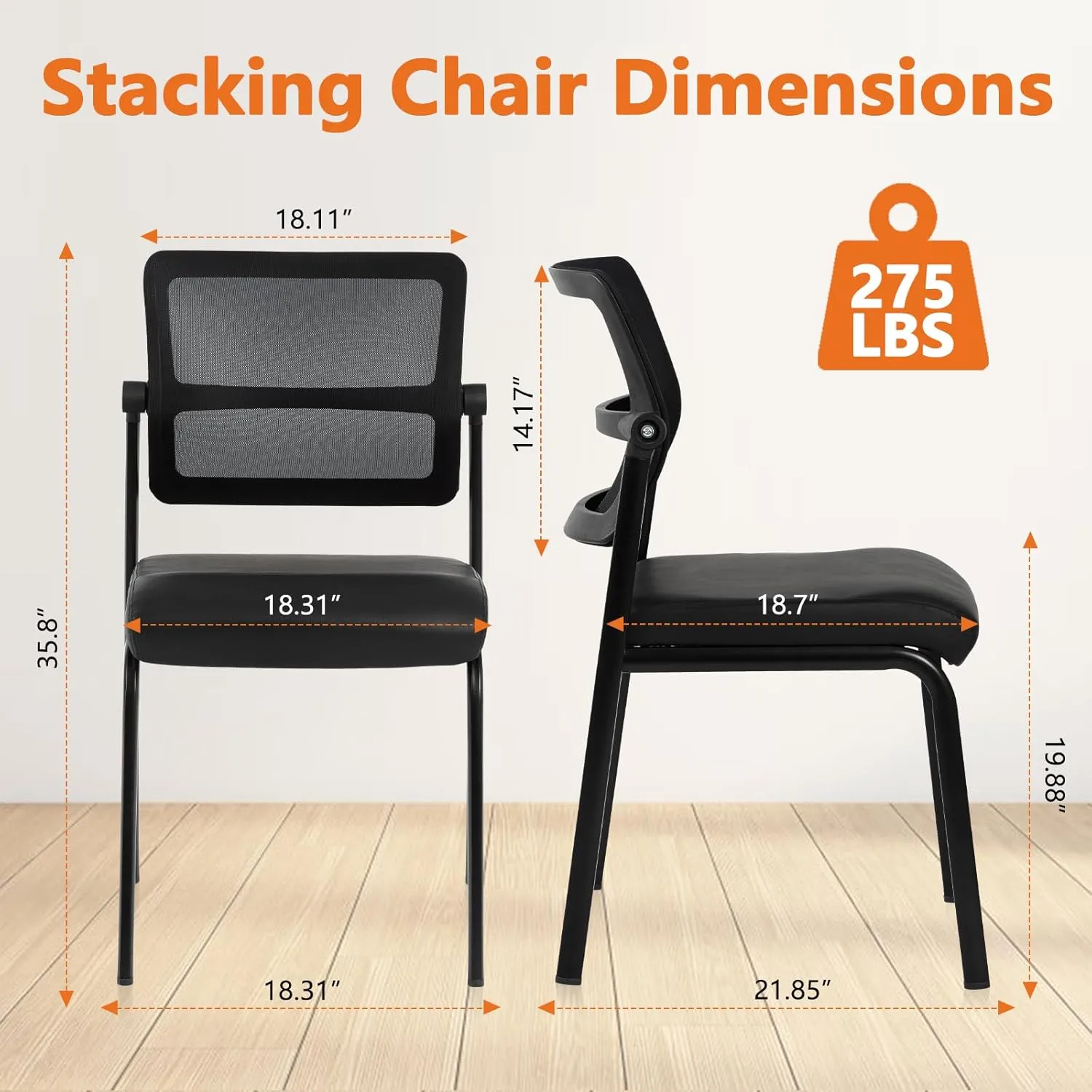 CLATINA Stackable Waiting Room Chair with Adjustable Mesh Backrest, Armless Office Guest Reception Chairs with Leather Cushion and Ergonomic Lumbar Support for Conference Lobby Side School, Black, 4PK