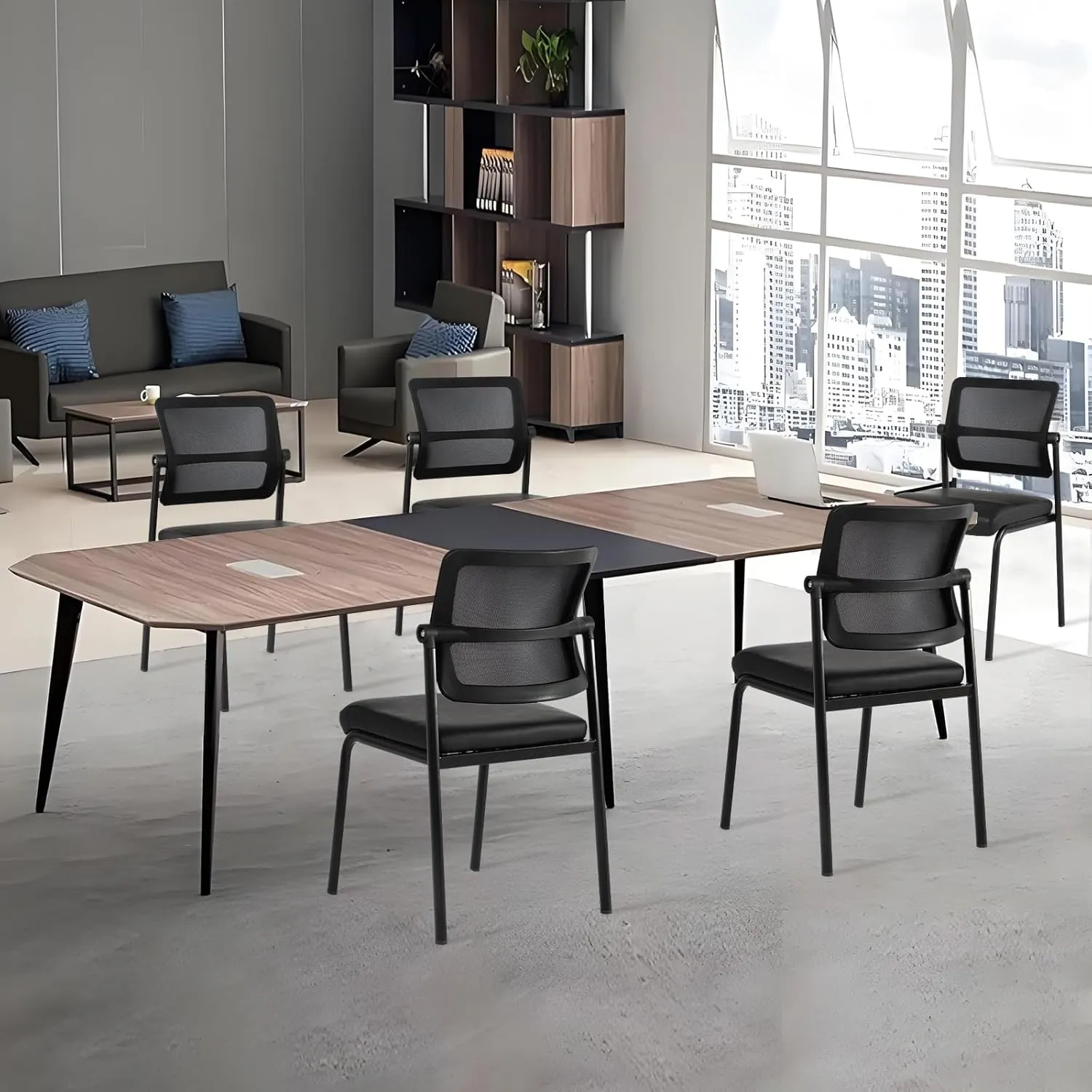 CLATINA Stackable Waiting Room Chair with Adjustable Mesh Backrest, Armless Office Guest Reception Chairs with Leather Cushion and Ergonomic Lumbar Support for Conference Lobby Side School, Black, 4PK