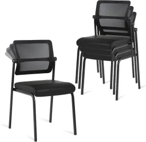 CLATINA Stackable Waiting Room Chair with Adjustable Mesh Backrest, Armless Office Guest Reception Chairs with Leather Cushion and Ergonomic Lumbar Support for Conference Lobby Side School, Black, 4PK