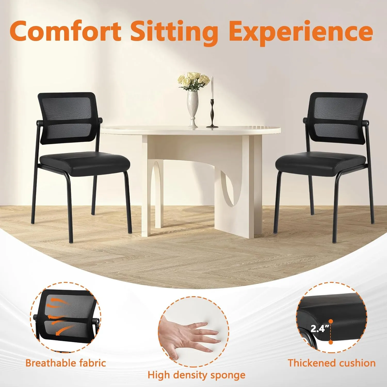 CLATINA Stackable Waiting Room Chair with Adjustable Mesh Backrest, Armless Office Guest Reception Chairs with Leather Cushion and Ergonomic Lumbar Support for Conference Lobby Side School, Black, 4PK