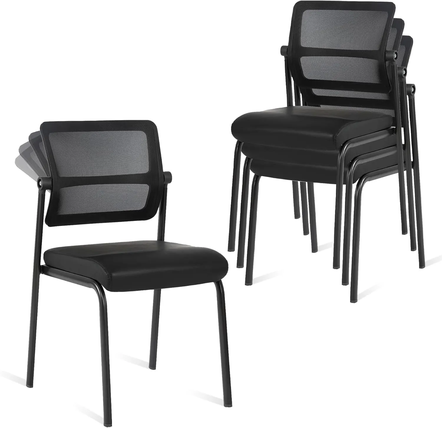 CLATINA Stackable Waiting Room Chair with Adjustable Mesh Backrest, Armless Office Guest Reception Chairs with Leather Cushion and Ergonomic Lumbar Support for Conference Lobby Side School, Black, 4PK