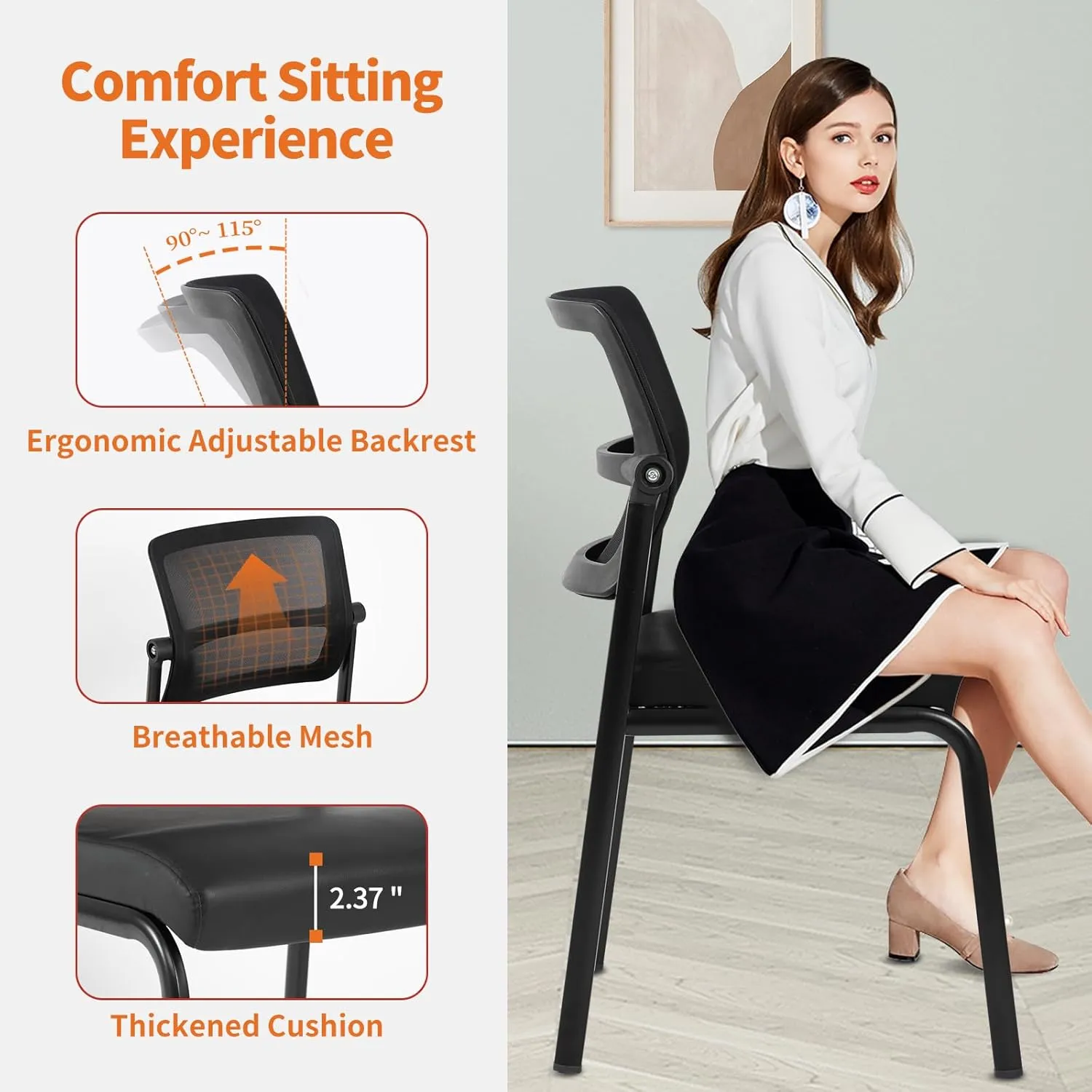 CLATINA Stackable Waiting Room Chair with Adjustable Mesh Backrest, Armless Office Guest Reception Chairs with Leather Cushion and Ergonomic Lumbar Support for Conference Lobby Side School, Black, 4PK