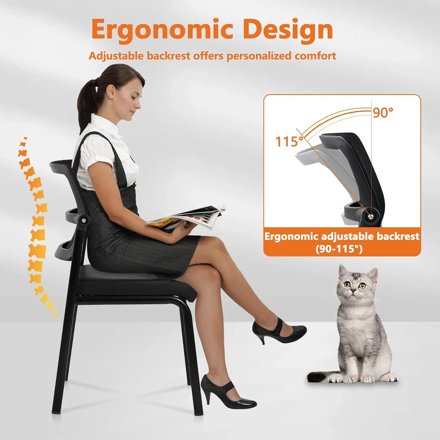 CLATINA Stackable Waiting Room Chair with Adjustable Mesh Backrest, Armless Office Guest Reception Chairs with Leather Cushion and Ergonomic Lumbar Support for Conference Lobby Side School, Black, 4PK