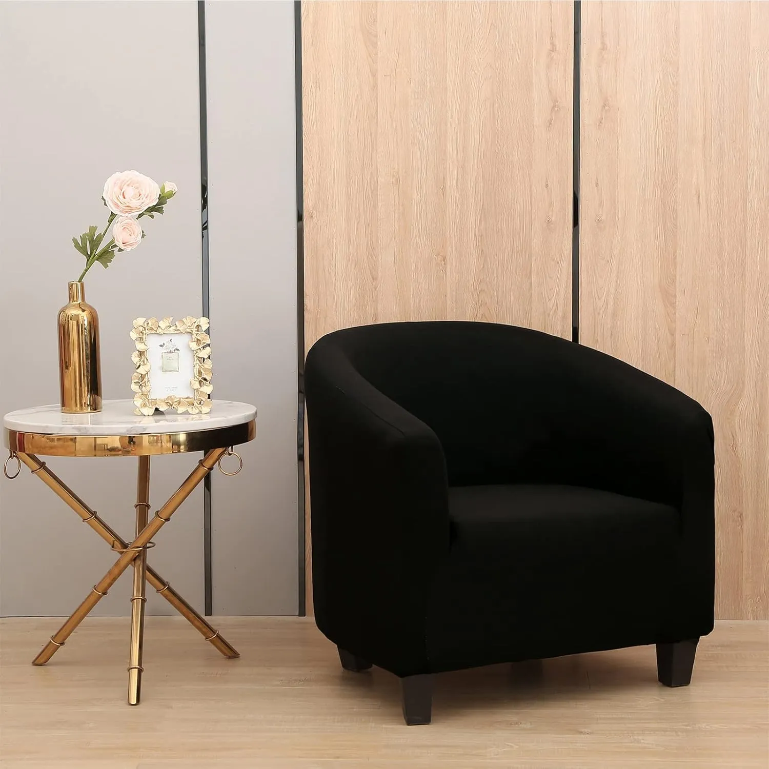 Club Chair Slipcover, Stretch Tub Chair Cover with Elastic Bottom, Jacquard Spandex Club Chair Covers, Universal Fabric Armchair Slipcover 1-Piece Couch Cover for Bar Counter Living Room (Black)