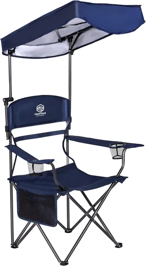 Coastrail Outdoor Canopy Camping Chair Multi-Position Adjustable Folding Shade Chair SPF 50  Sun Protection with Cup Holder & Storage Pockets, Patio, Blue,Extra Large