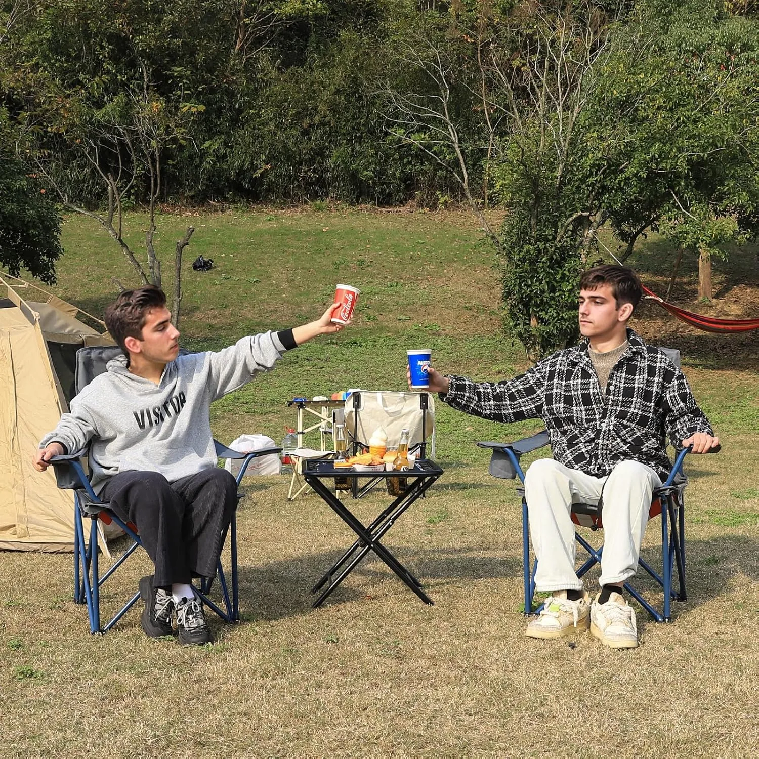 Colorsoul 2 Pack Folding Camping Chairs, Outdoor Lawn Chair Set of 2, Padded Camping Chairs w/Cup Holder & Carry Bag for Sports Garden Beach Terrace, American Flag