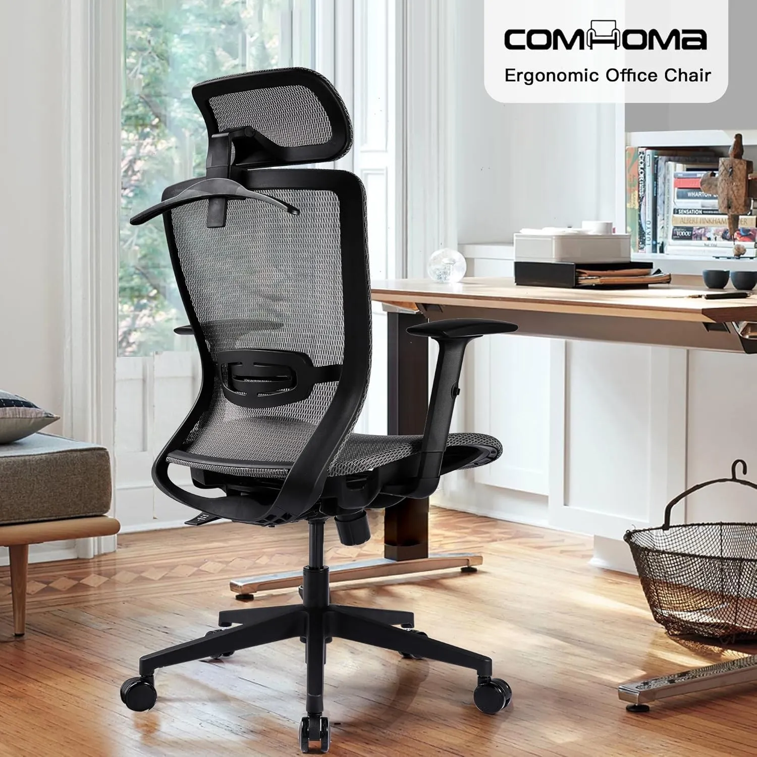 COMHOMA Ergonomic Office Chair, Executive Mesh Computer Desk Chair High Back Adjustable Armrest and 3D Lumbar Support, Heavy Duty Office Chair with 3D Headrest & Reclines, ErgoPlus-E53, Gray