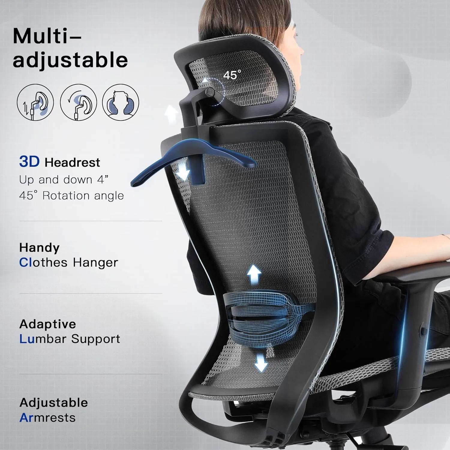 COMHOMA Ergonomic Office Chair, Executive Mesh Computer Desk Chair High Back Adjustable Armrest and 3D Lumbar Support, Heavy Duty Office Chair with 3D Headrest & Reclines, ErgoPlus-E53, Gray