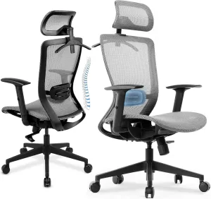 COMHOMA Ergonomic Office Chair, Executive Mesh Computer Desk Chair High Back Adjustable Armrest and 3D Lumbar Support, Heavy Duty Office Chair with 3D Headrest & Reclines, ErgoPlus-E53, Gray