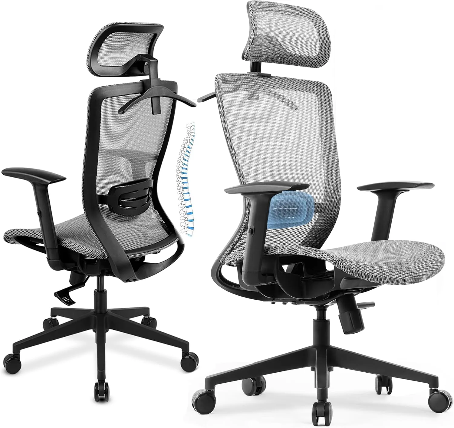 COMHOMA Ergonomic Office Chair, Executive Mesh Computer Desk Chair High Back Adjustable Armrest and 3D Lumbar Support, Heavy Duty Office Chair with 3D Headrest & Reclines, ErgoPlus-E53, Gray