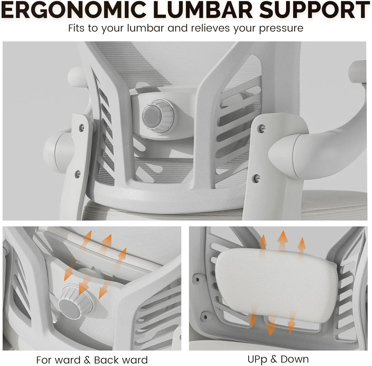 Computer Desk Chair with Wheels, Mesh Office Chair with Flip Up Arms, Adjustable Lumbar Support, Swivel Desk Chair Comfy, White