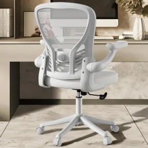 Computer Desk Chair with Wheels, Mesh Office Chair with Flip Up Arms, Adjustable Lumbar Support, Swivel Desk Chair Comfy, White