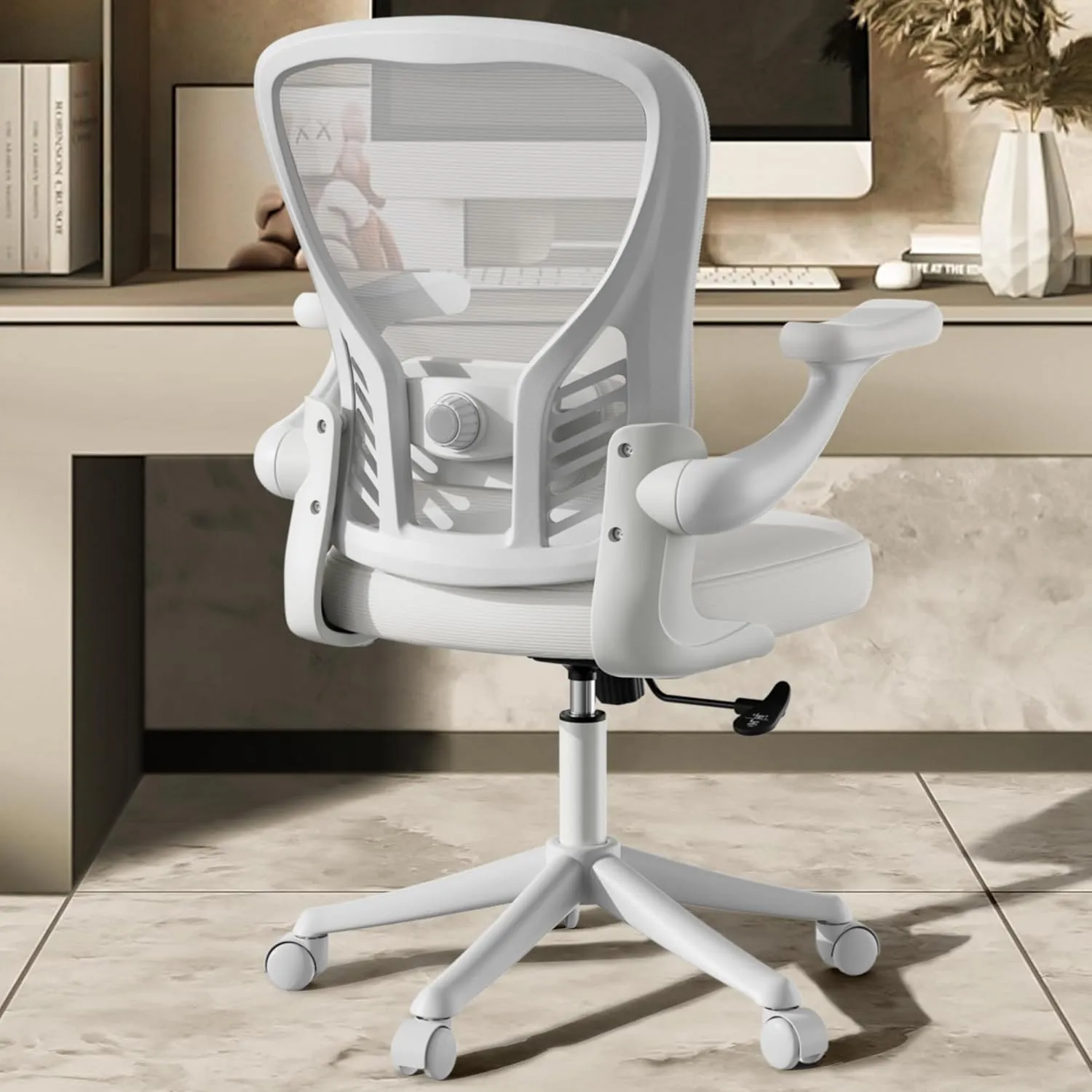 Computer Desk Chair with Wheels, Mesh Office Chair with Flip Up Arms, Adjustable Lumbar Support, Swivel Desk Chair Comfy, White