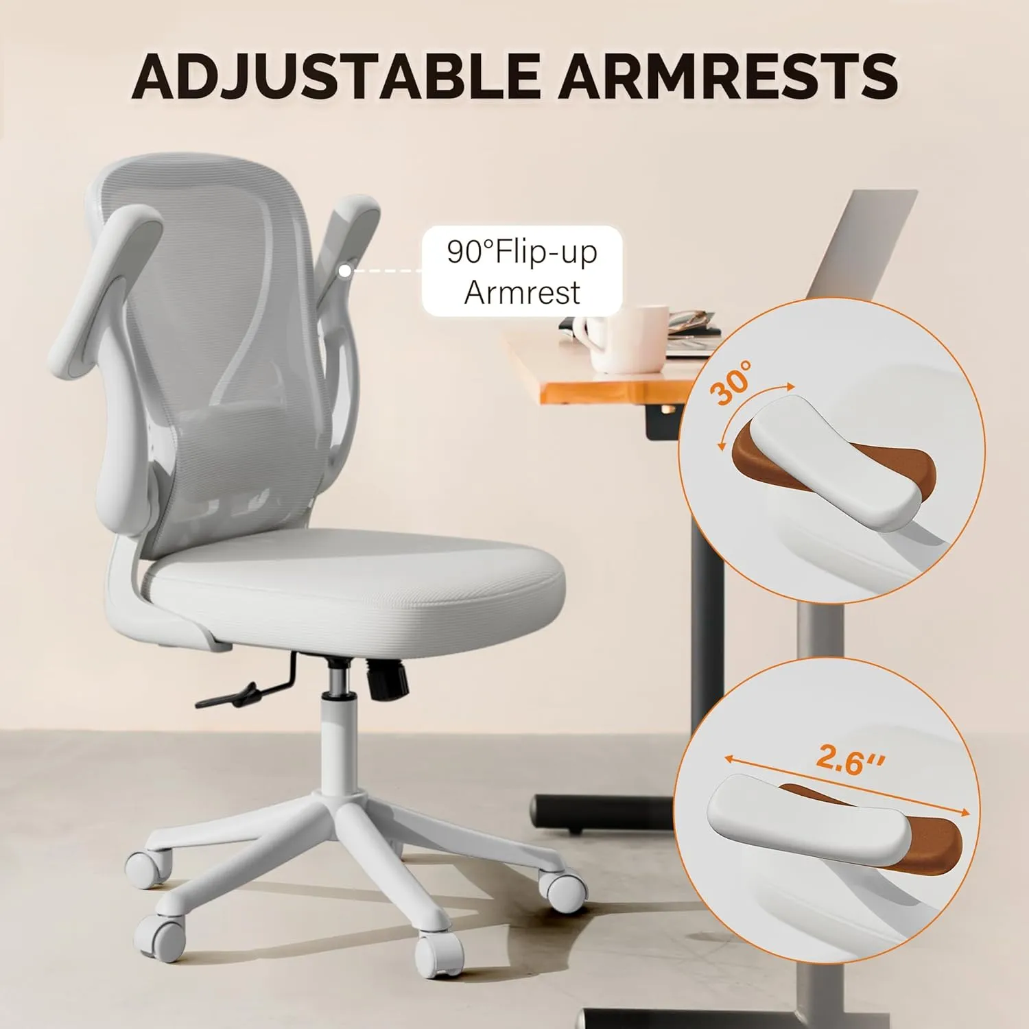 Computer Desk Chair with Wheels, Mesh Office Chair with Flip Up Arms, Adjustable Lumbar Support, Swivel Desk Chair Comfy, White