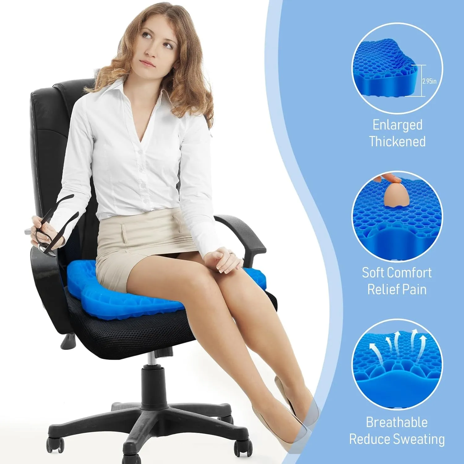 Cooling Gel Seat Cushion, Thickened Big Breathable Honeycomb Design Absorbs Pressure Points Gel Cushion with Anti-Slip Cover Cooling Seat Cushion for Office Chair Home Car Seat Cushion for Wheelchair