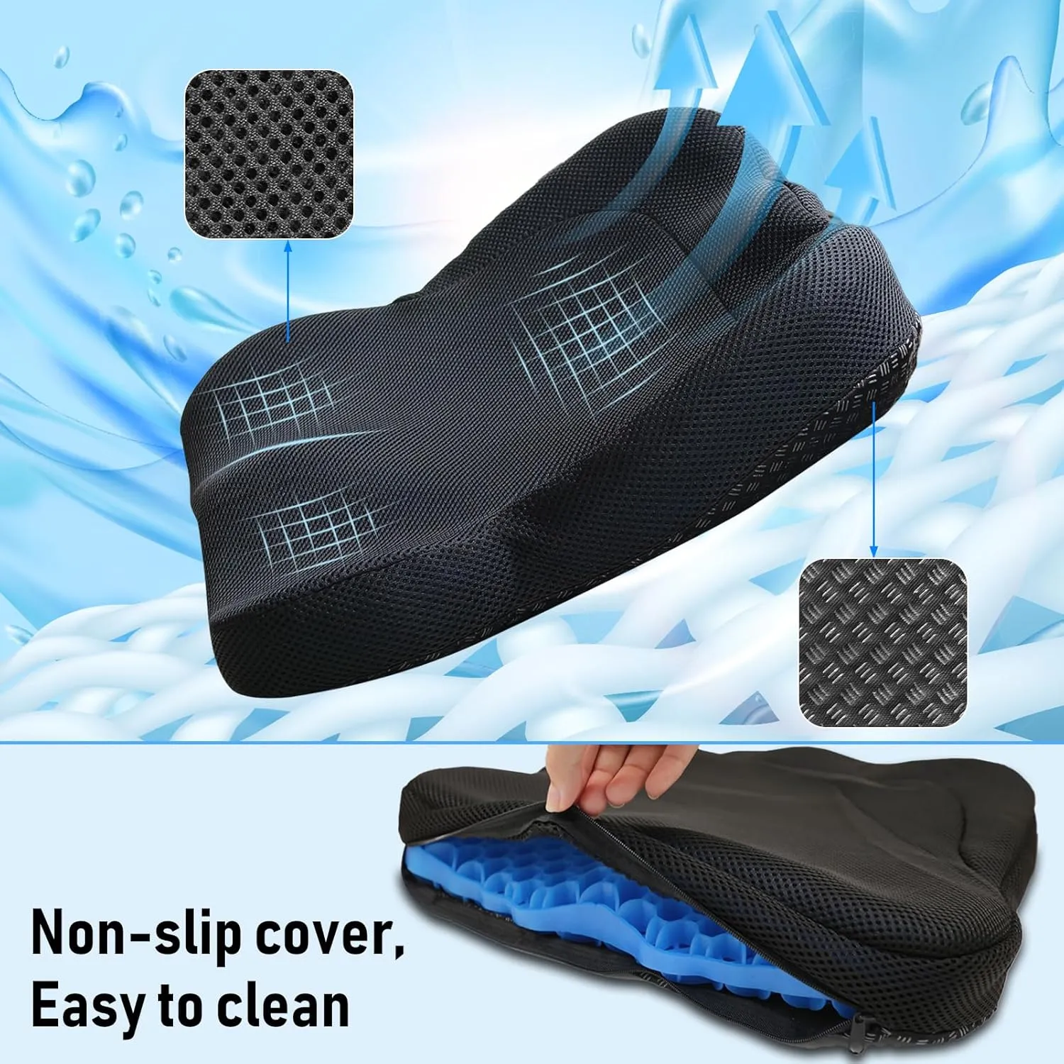 Cooling Gel Seat Cushion, Thickened Big Breathable Honeycomb Design Absorbs Pressure Points Gel Cushion with Anti-Slip Cover Cooling Seat Cushion for Office Chair Home Car Seat Cushion for Wheelchair