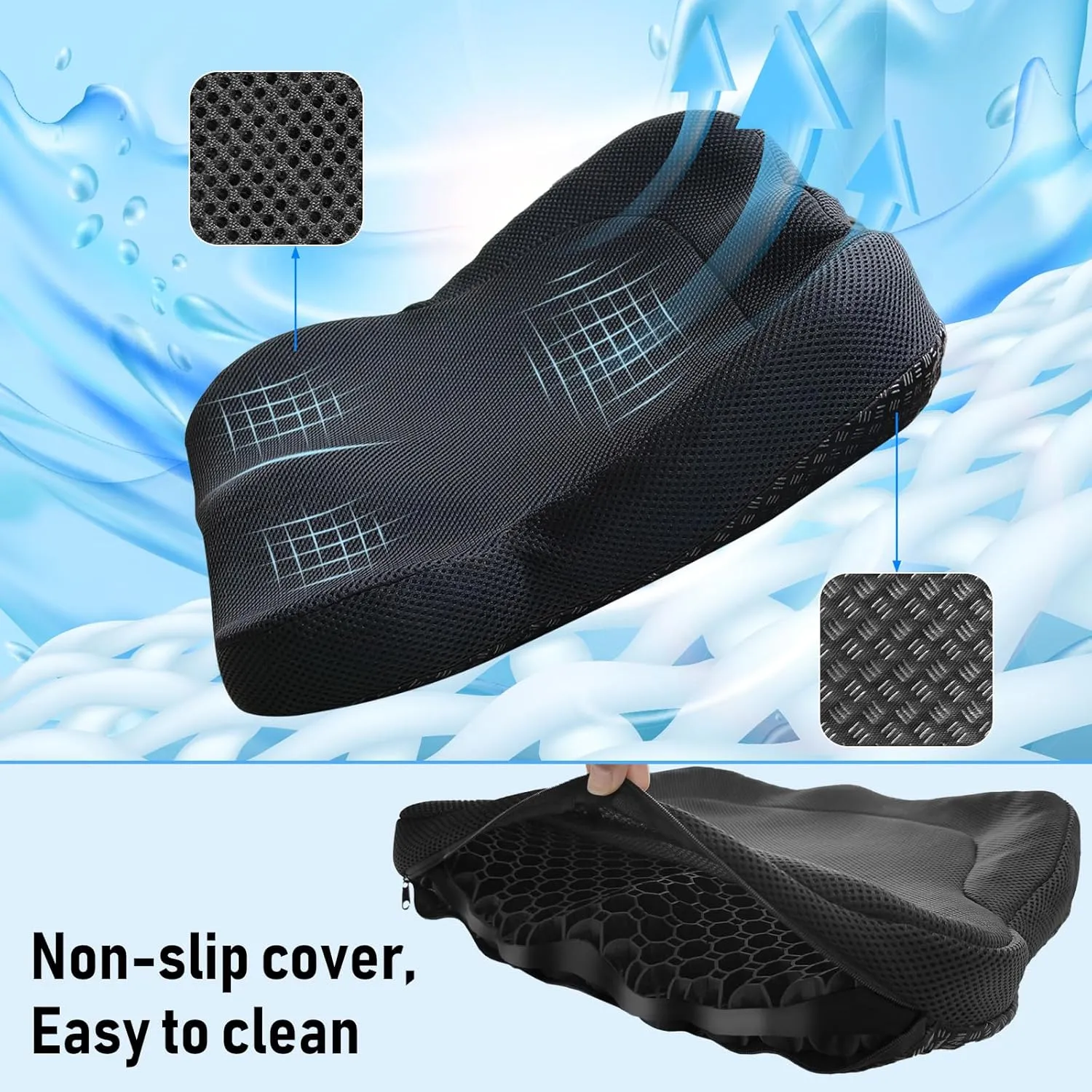 Cooling Gel Seat Cushion, Thickened Big Breathable Honeycomb Design Absorbs Pressure Points Gel Cushion with Anti-Slip Cover Cooling Seat Cushion for Office Chair Home Car Seat Cushion for Wheelchair