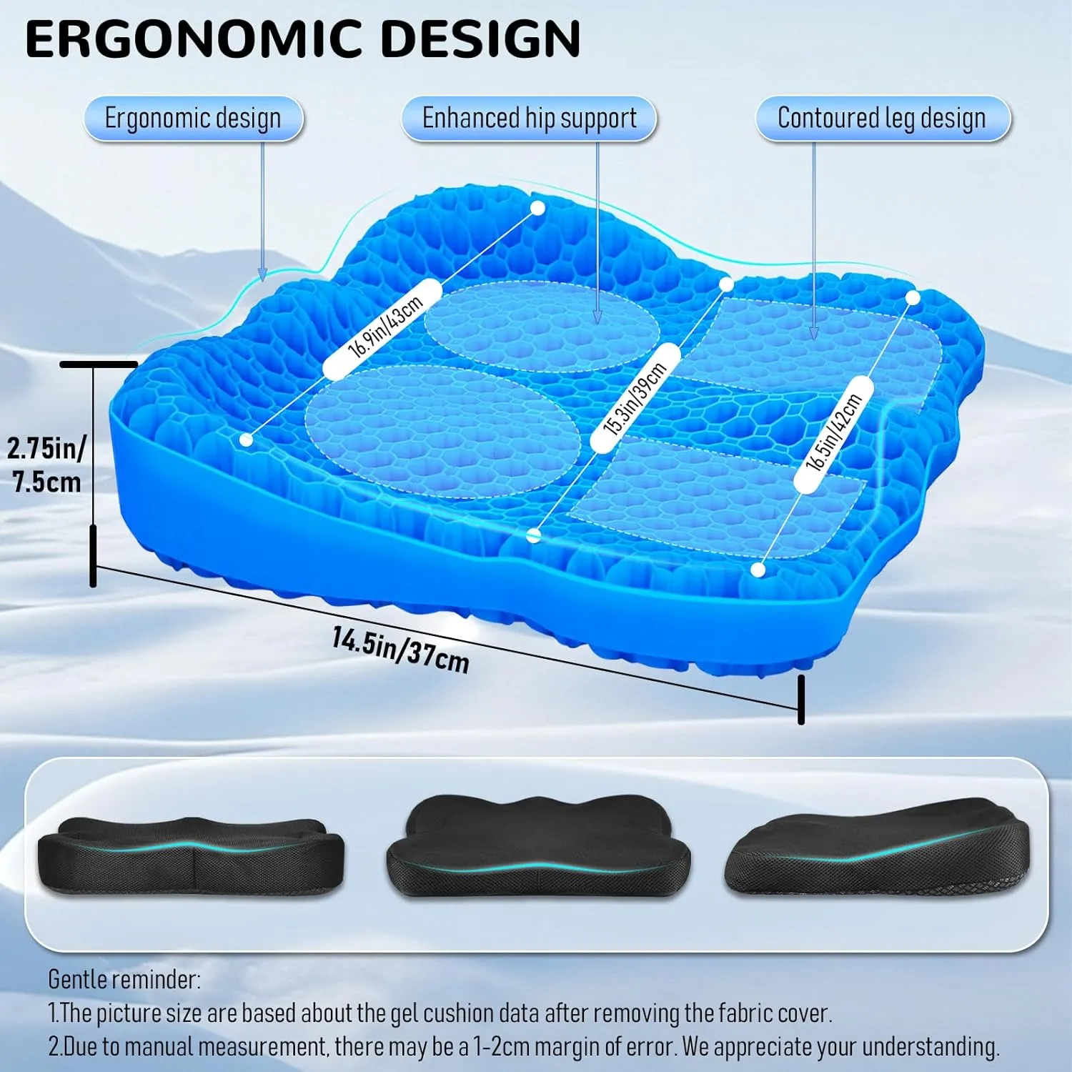 Cooling Gel Seat Cushion, Thickened Big Breathable Honeycomb Design Absorbs Pressure Points Gel Cushion with Anti-Slip Cover Cooling Seat Cushion for Office Chair Home Car Seat Cushion for Wheelchair